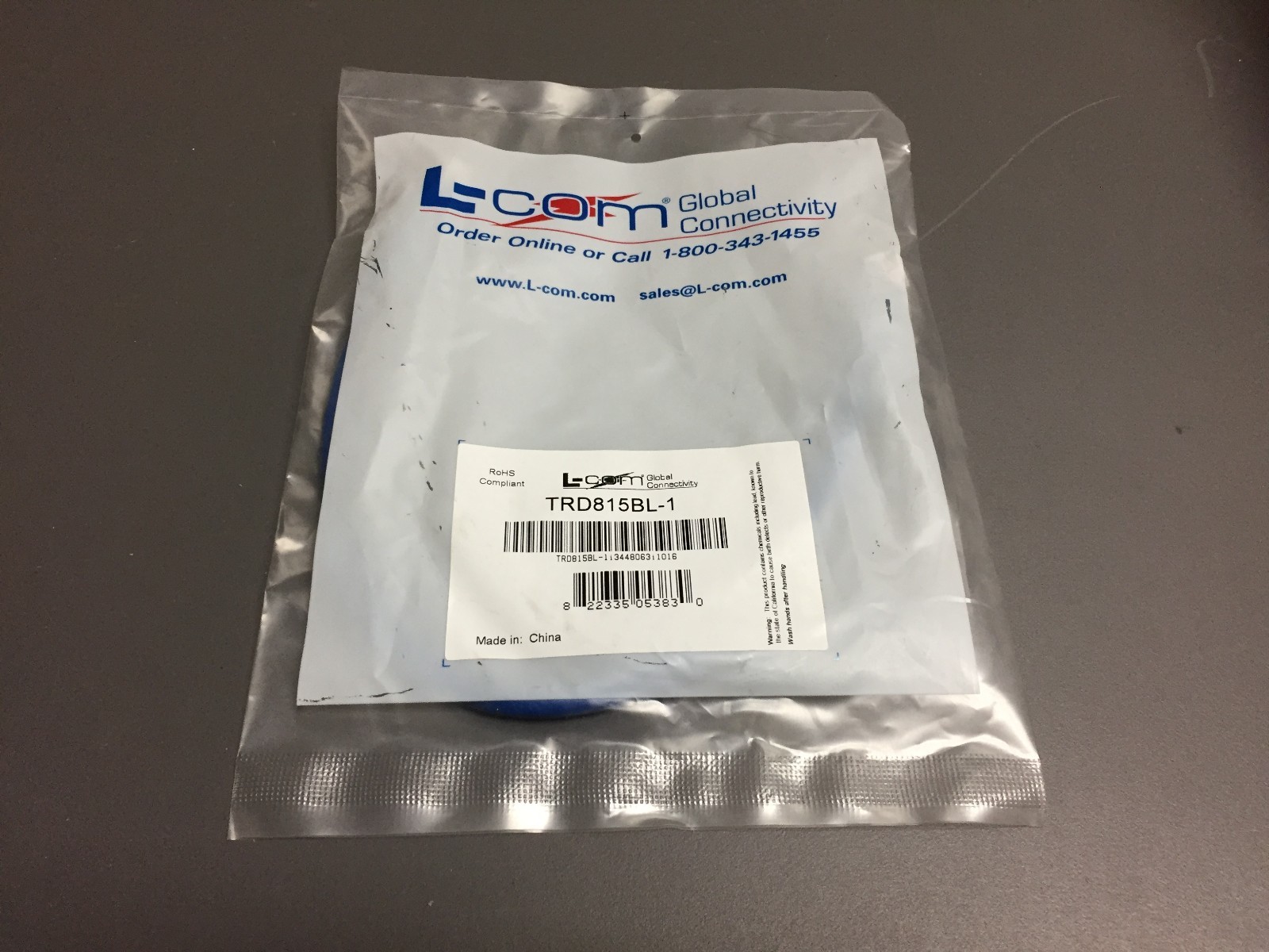 L-com Item # TRD815BL-1, Premium Category 5E Patch Cable, RJ45 / RJ45, Blue 1ft