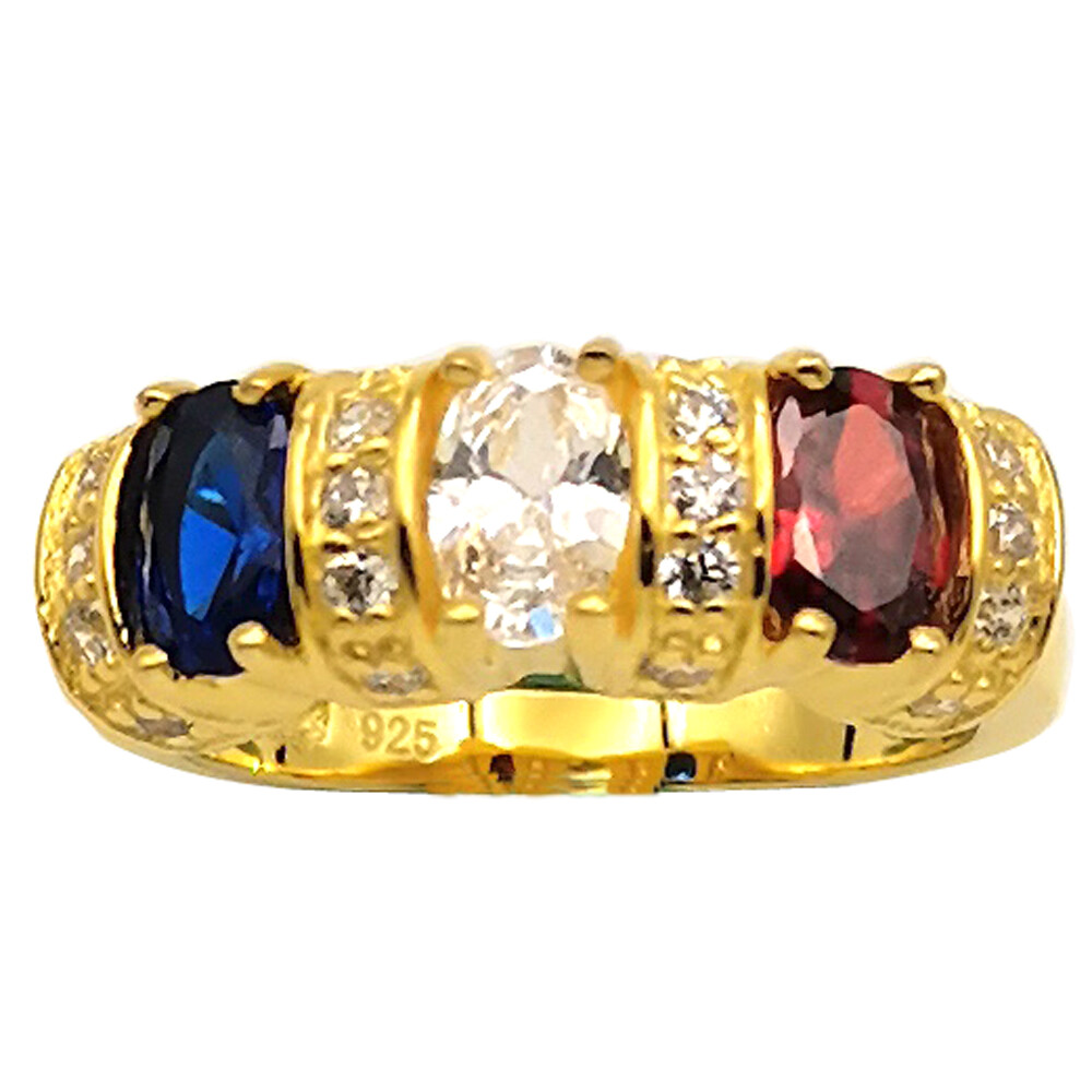 Gold Color 925 Sterling Silver Ring for Women 3-stone Blue+White+Red France Flag