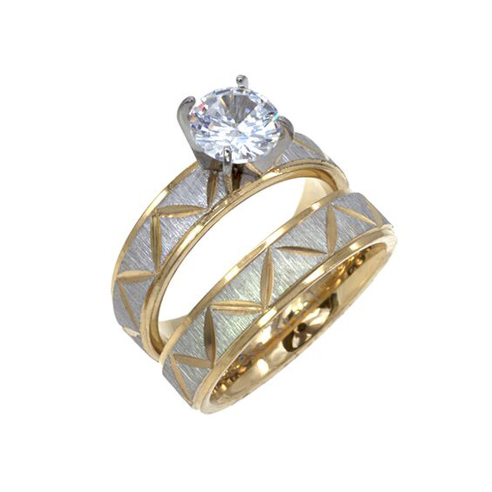 NEW Engagement Stainless Steel 2-Rings For Women Men 2 Tone 5MM Band 1 Clear CZ