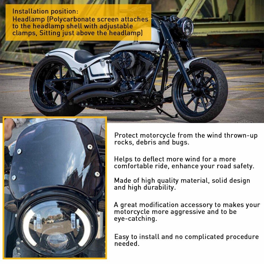 5"-7" Round Headlight Motorcycle Black Windshield WindScreen Universal For Honda
