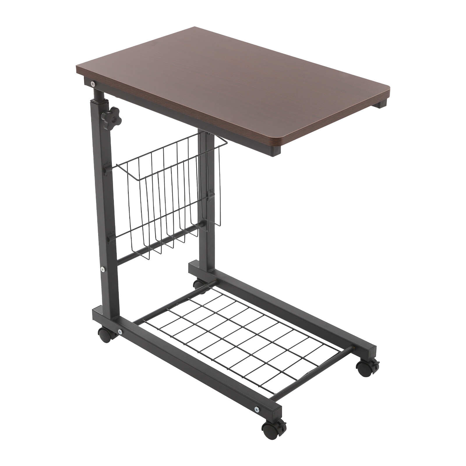 2 Tiers Red Walnut Color Mobile Standalone Adjustable Bed Side Table w/ Wheels