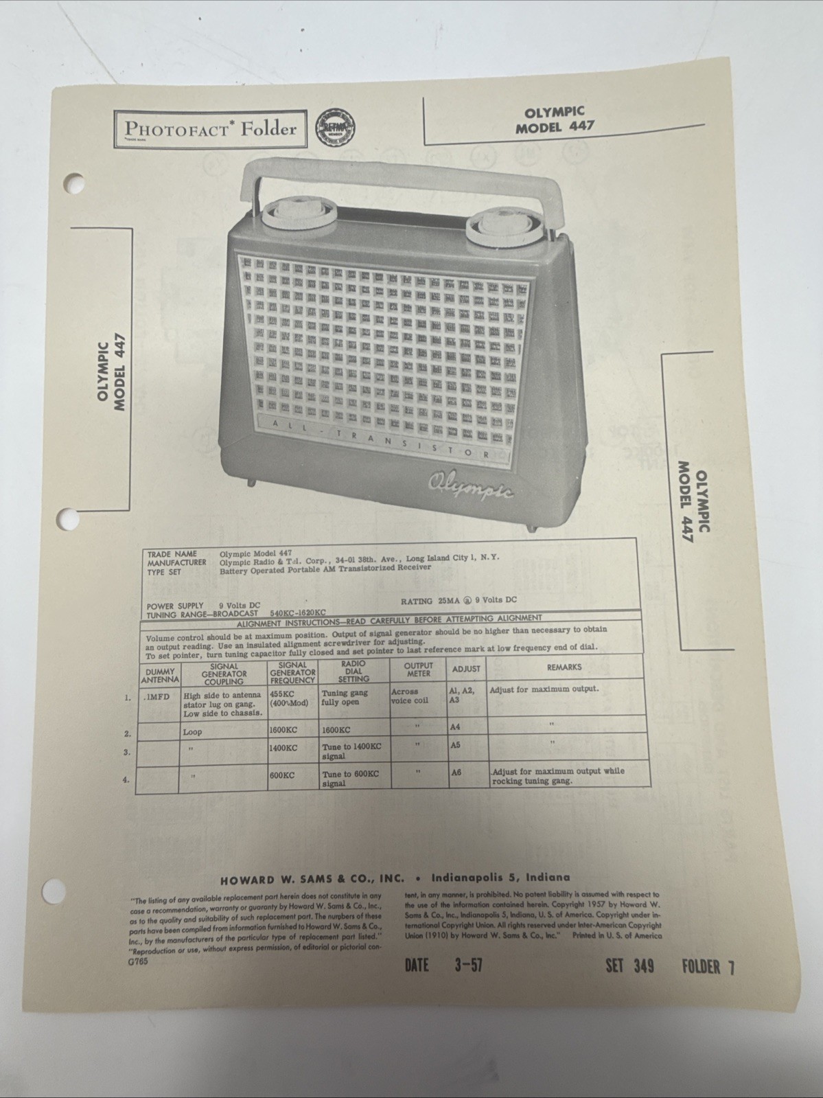 Vintage 1957 SAMS PHOTOFACT - Olympic Model 447