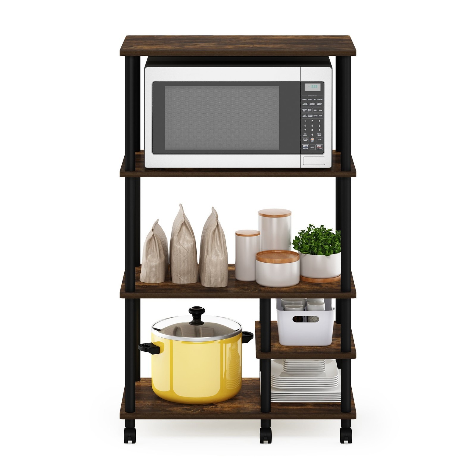 Turn-N-Tube 4-Tier Toolless Kitchen Storage Shelf Cart Amber Pine/Black