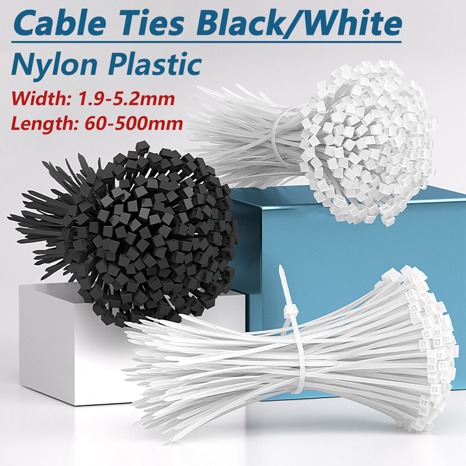 60/80/100-600mm Cable Ties Black/White Nylon Plastic Zip Tie Wraps Various Sizes