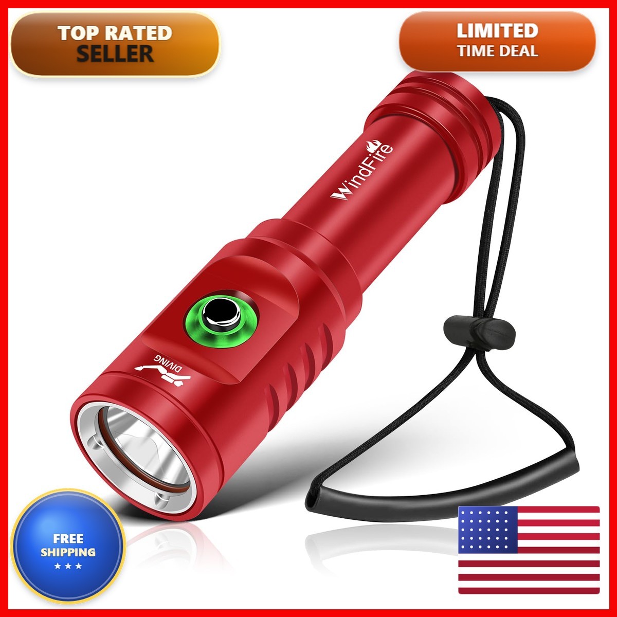 WINDFIRE TS08 Scuba Dive Light Rechargeable Underwater Flashlight