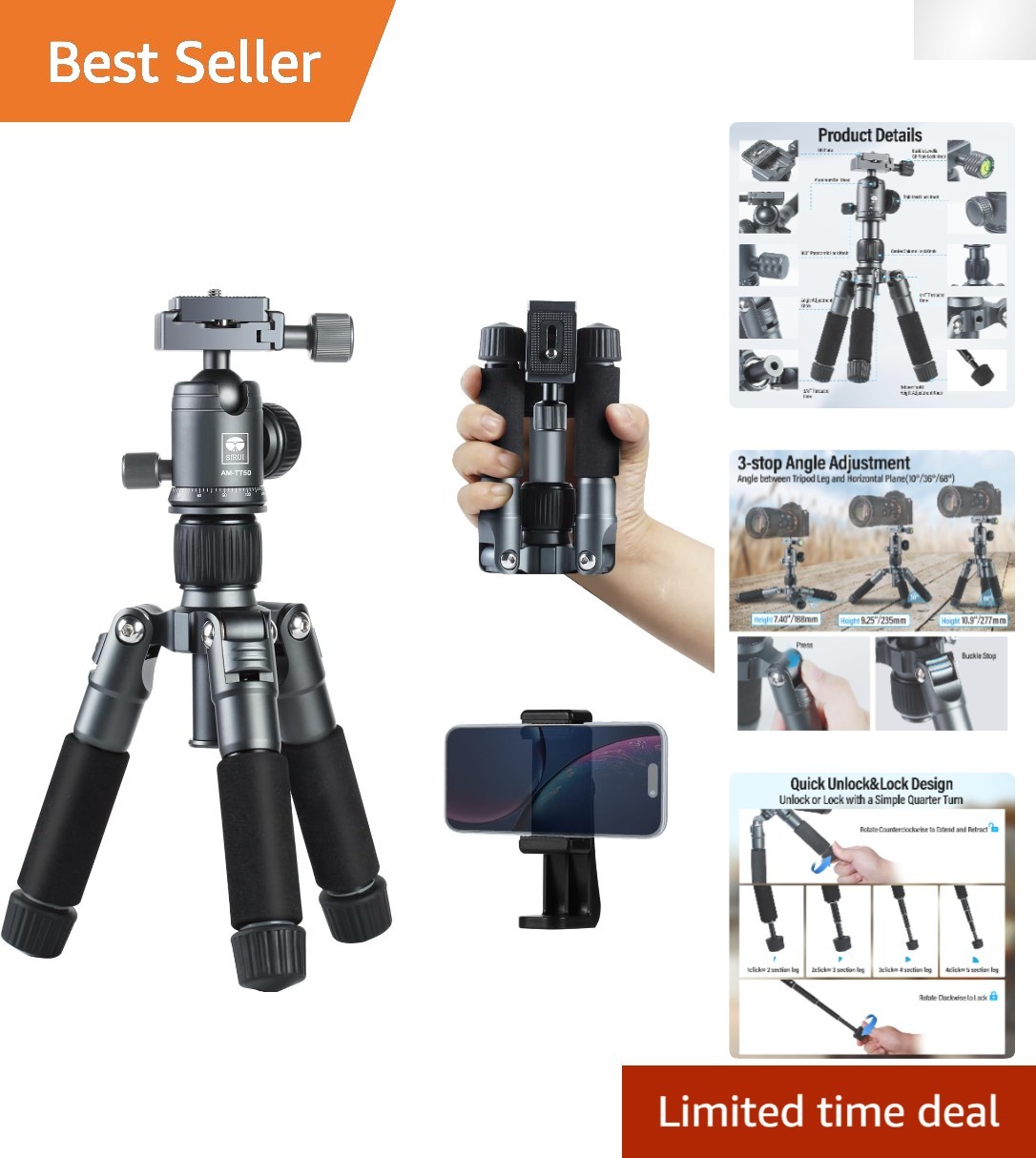Lightweight 0.8kg Travel Tripod for DSLR & Smartphone – Adjustable 20" Height