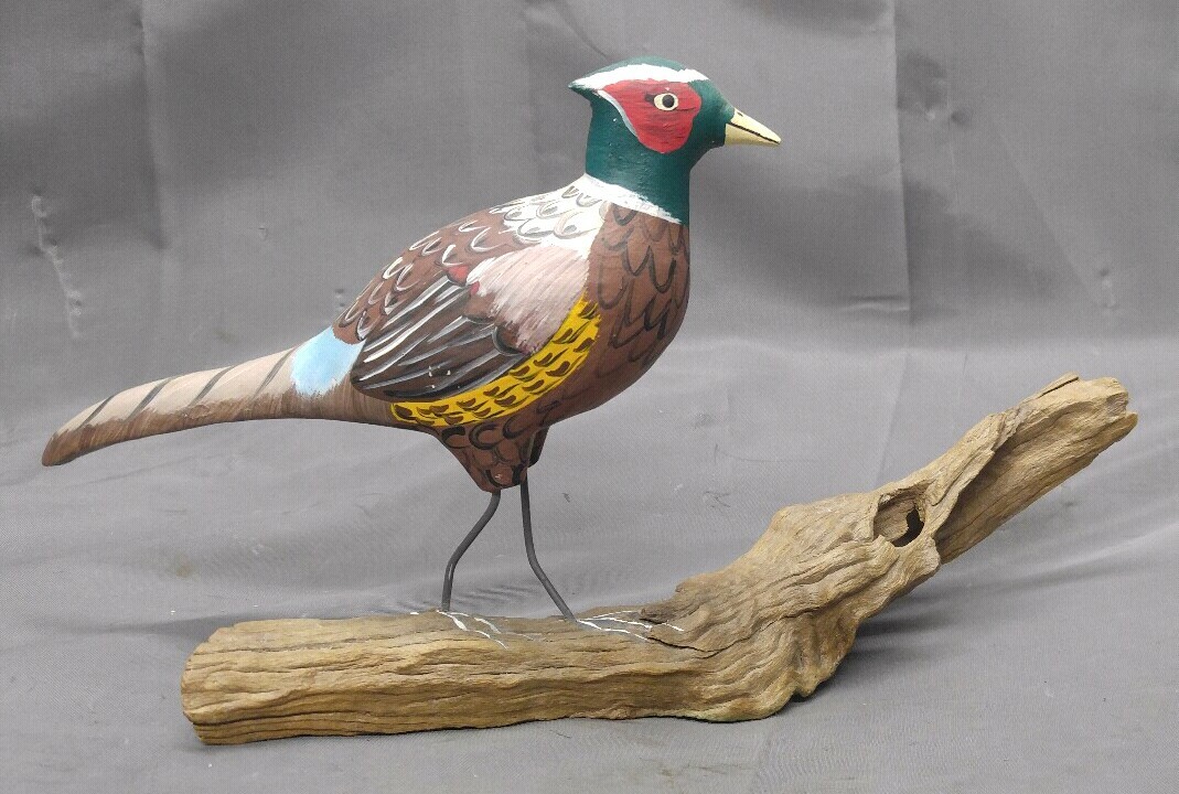 Old Vintage Hand Painted Wooden Phesant Figure Folk Art Wood Carving Statue
