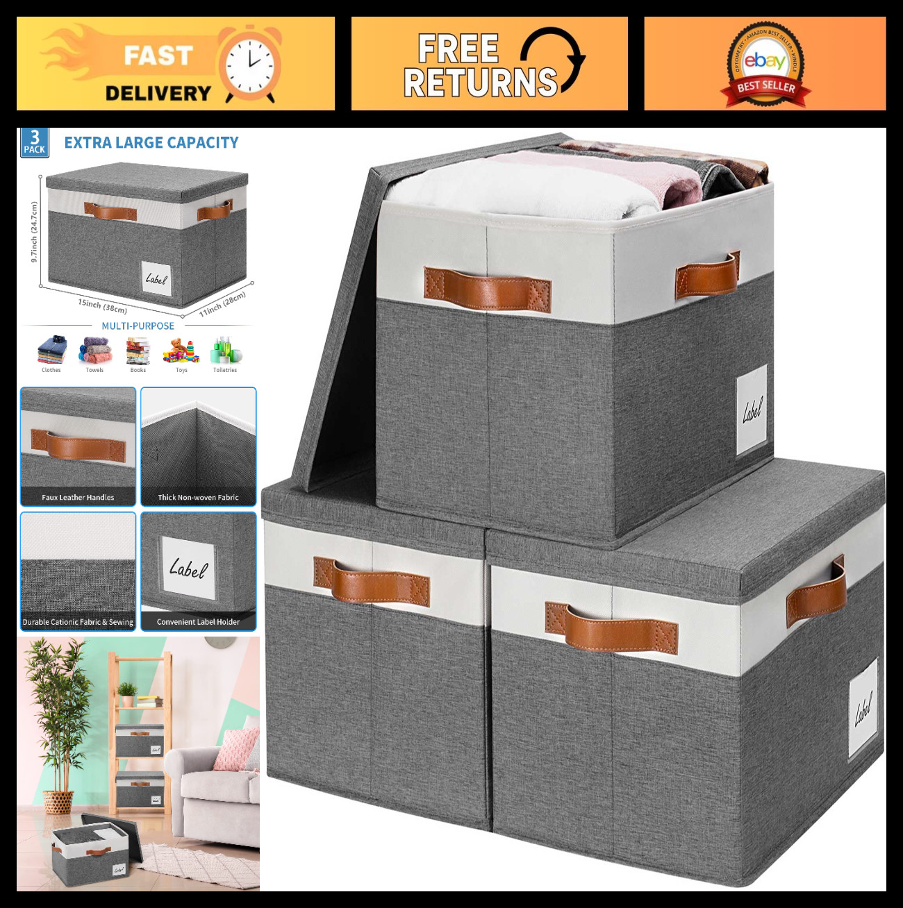 Large Foldable Storage Bins with Lids - 3 Pack Fabric Organizers for Home, Offic