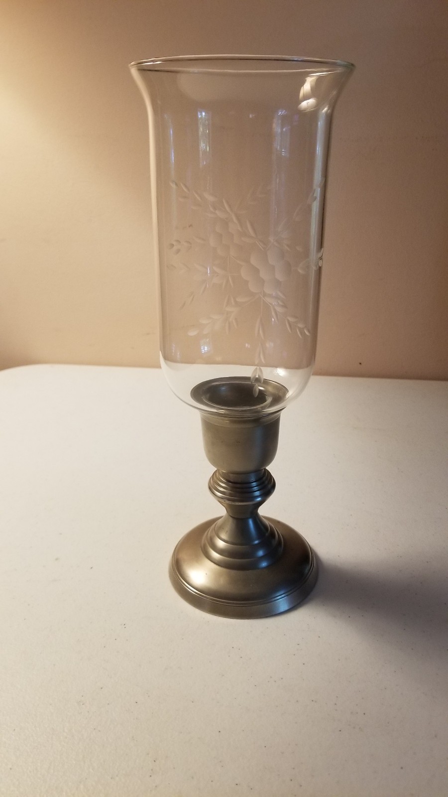 Pewter Hurricane lamp with Etched glass