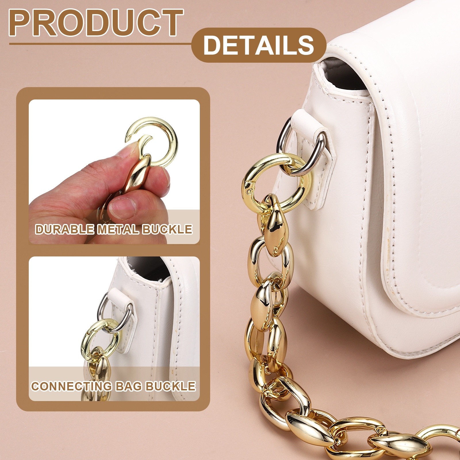 16" Acrylic Purse Chain Handbag Strap with Buckle, Light Gold, 0.8" Width
