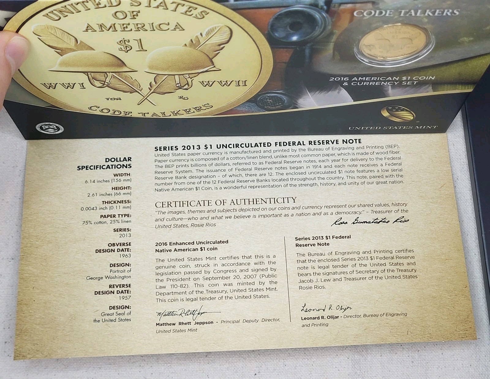 2016 Native American Coin & Currency Set $1 Note Dollar Code Talkers OGP COA