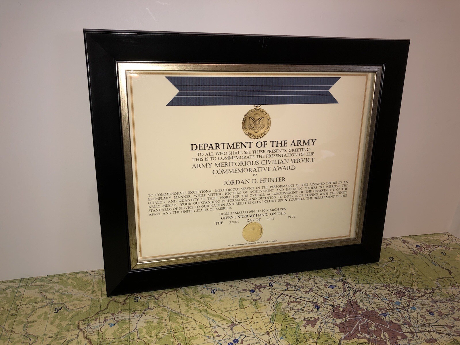 ARMY MERITORIOUS CIVILIAN SERVICE COMMEMORATIVE AWARD CERTIFICATE ~ Type-1