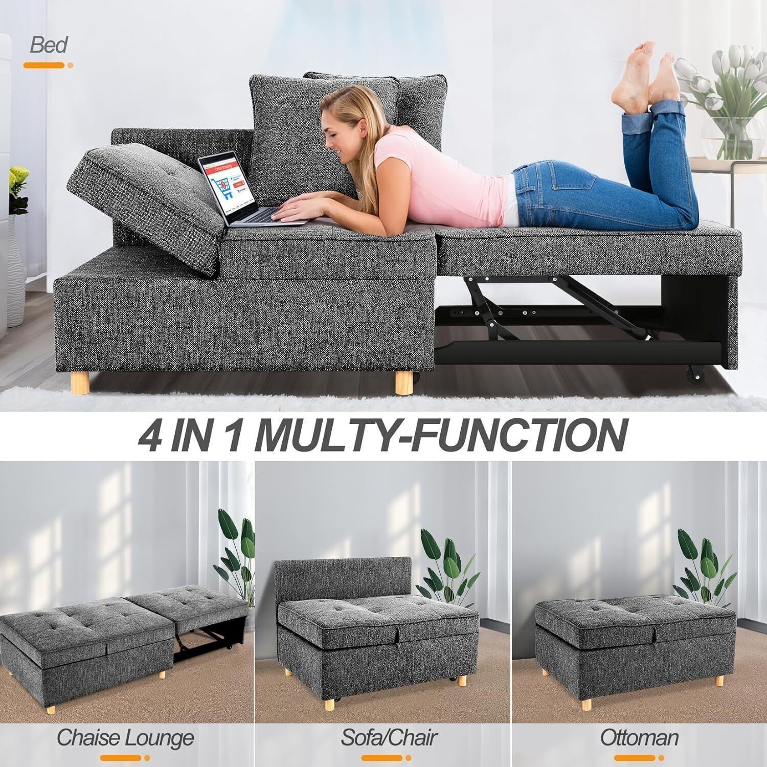 Folding Ottoman Sofa Bed Chair 4-in-1 Sleeper Sofa Adjustable Backrest Colorful*