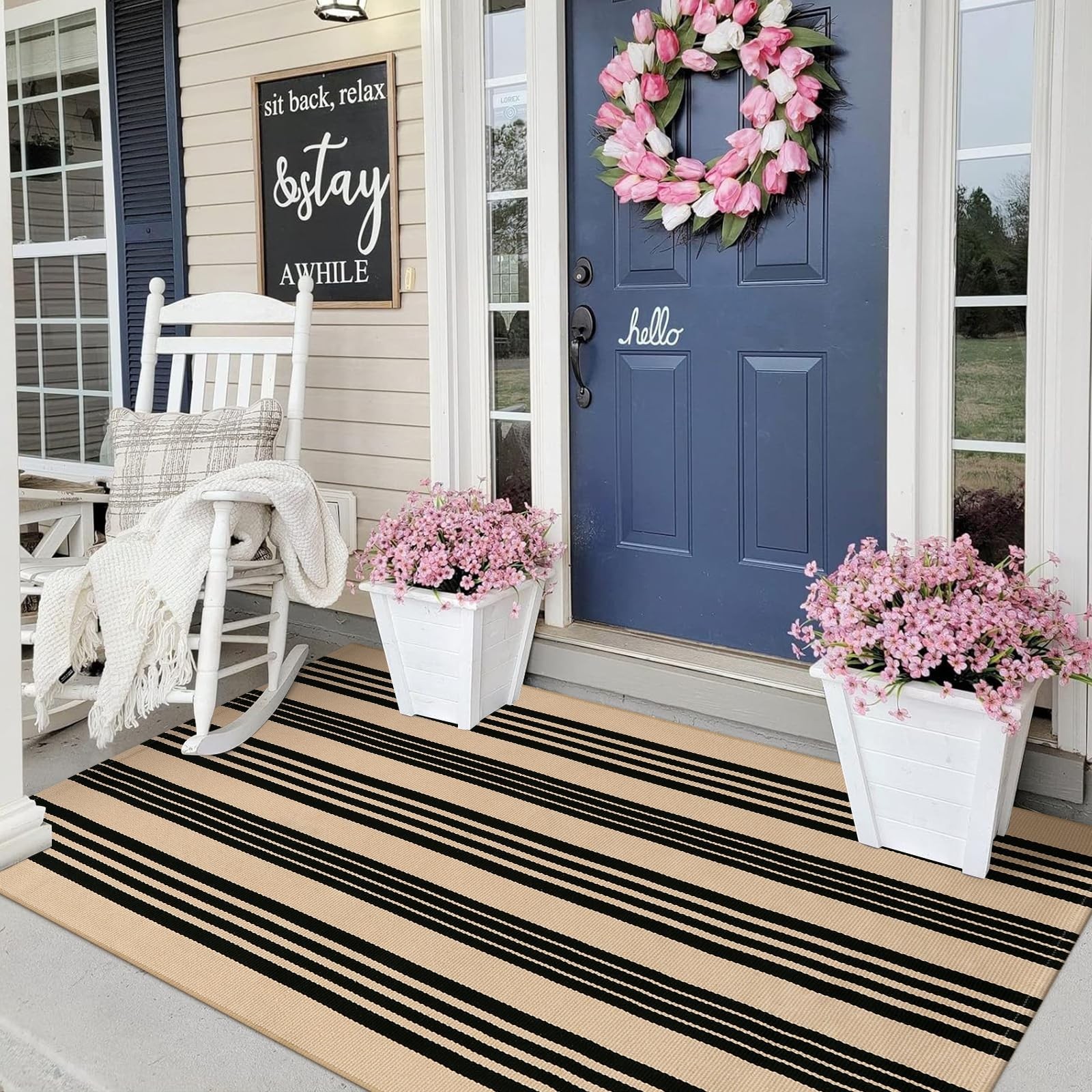 Black and Khaki Striped Rugs 3x5, Outdoor Cotton Hand Woven Front Door Mat,Wa...