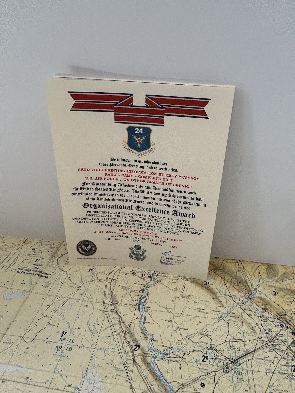 U.S. AIR FORCE / 24TH AIR FORCE - ORGANIZATIONAL EXCELLENCE AWARD CERTIFICATE
