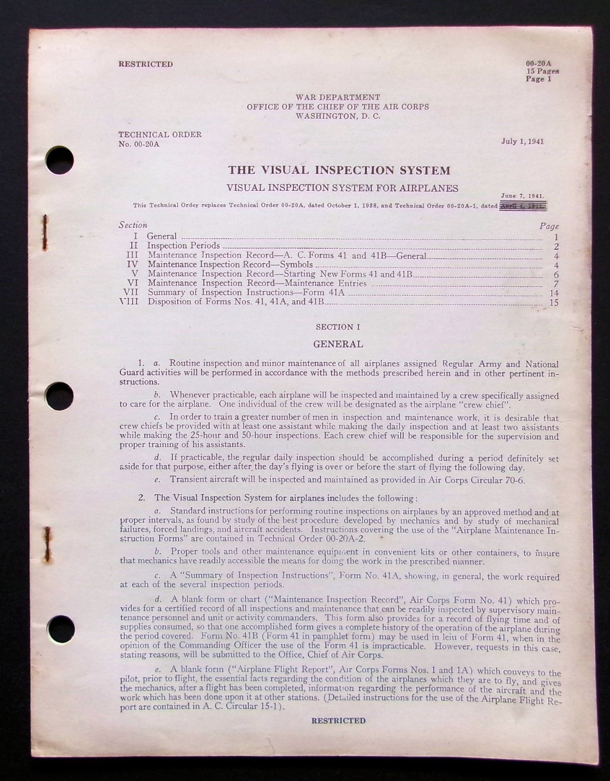 1941 Visual Inspection System for Airplanes WAR DEPARTMENT Restricted 00-20A