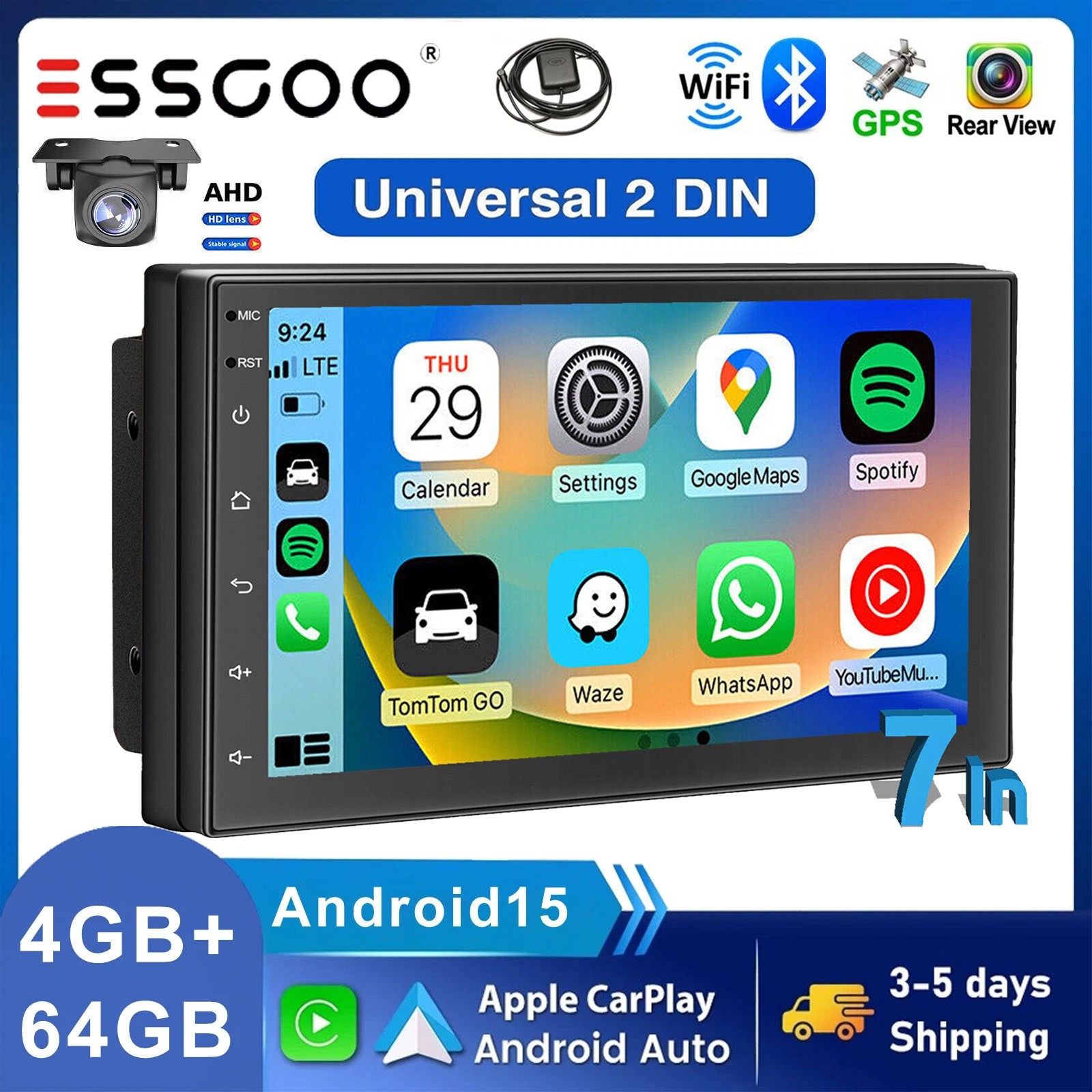 7' Double 2 Din Android 15 Touch Screen Car Stereo Radio GPS WIFI BT Carplay AHD