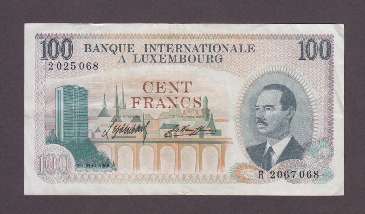 LUXEMBOURG P.14-5068 BANQUE INTERNATIONALE  100 FRANCS 1968 PFX R CRISP-VF 2607