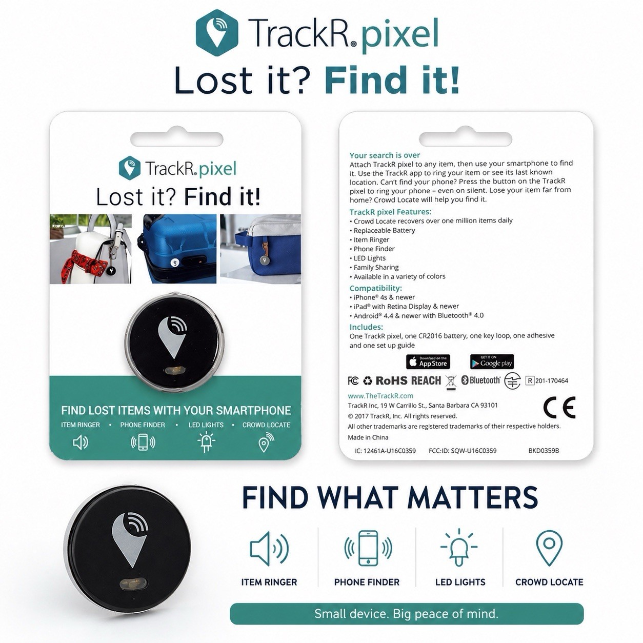 TrackR Pixel Bluetooth Tracking Device, Key Phone Finder, iOS/Android New -WHITE