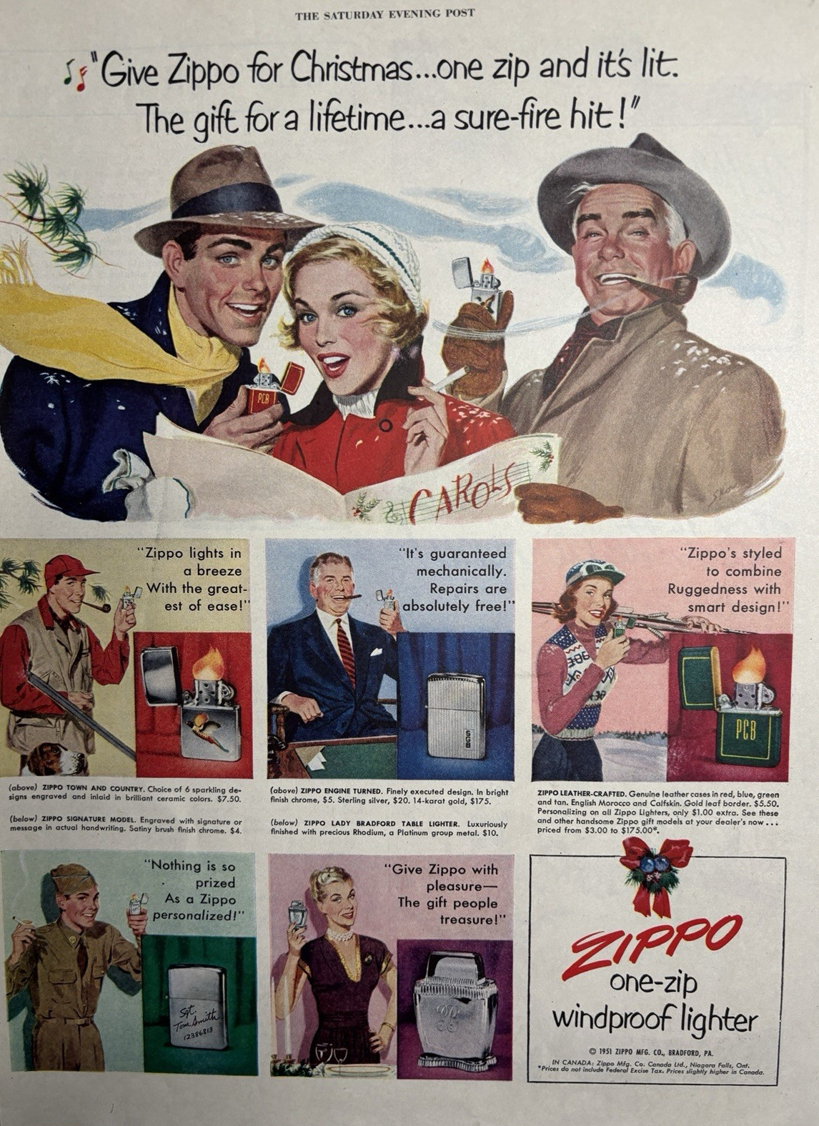 1951 Zippo Windproof Lighter Bradford Pa Guaranteed Christmas Style VTG Print Ad