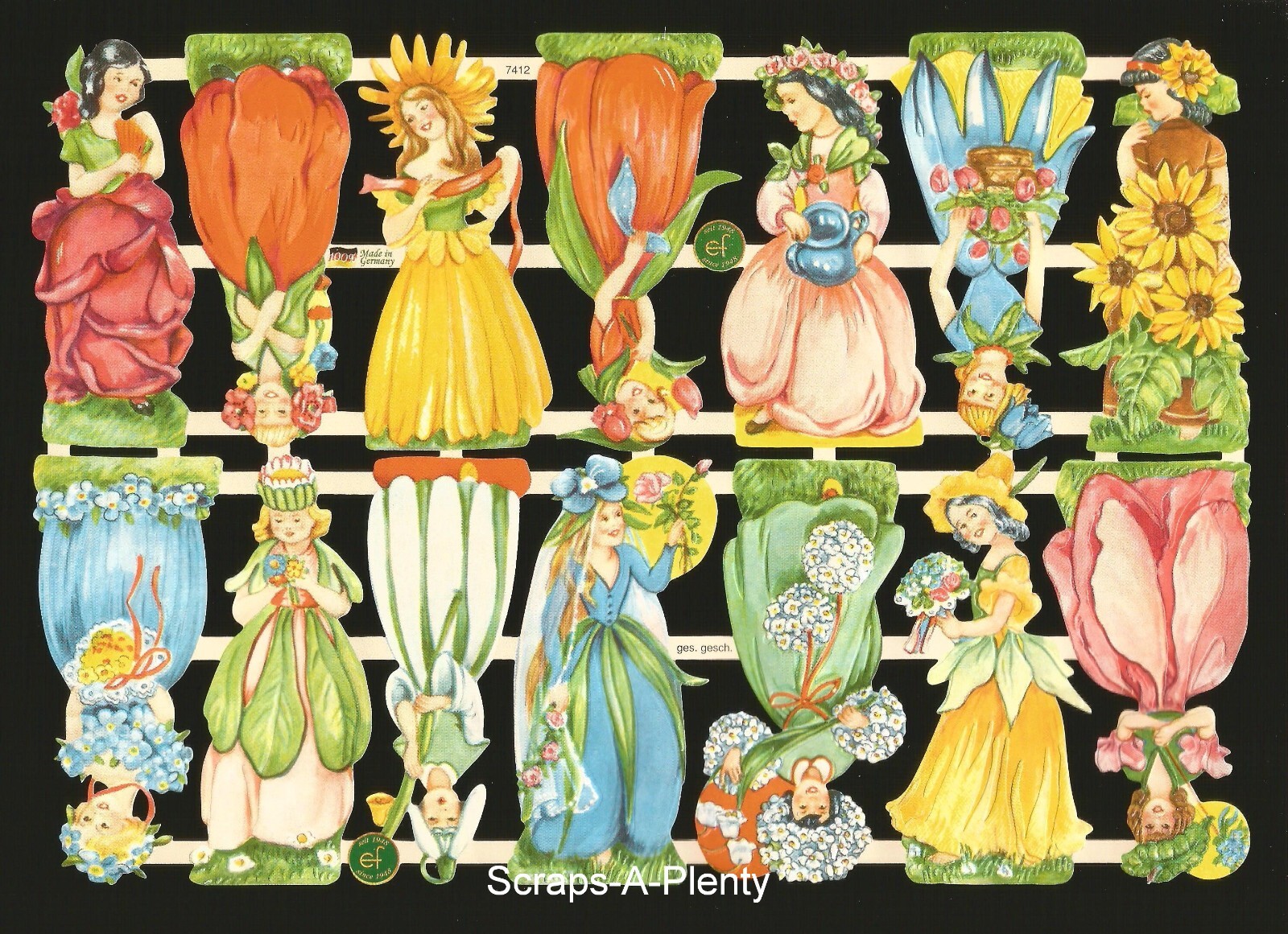 German Embossed Vintage Style Scrap Die Cut - Flower Children  EF7412