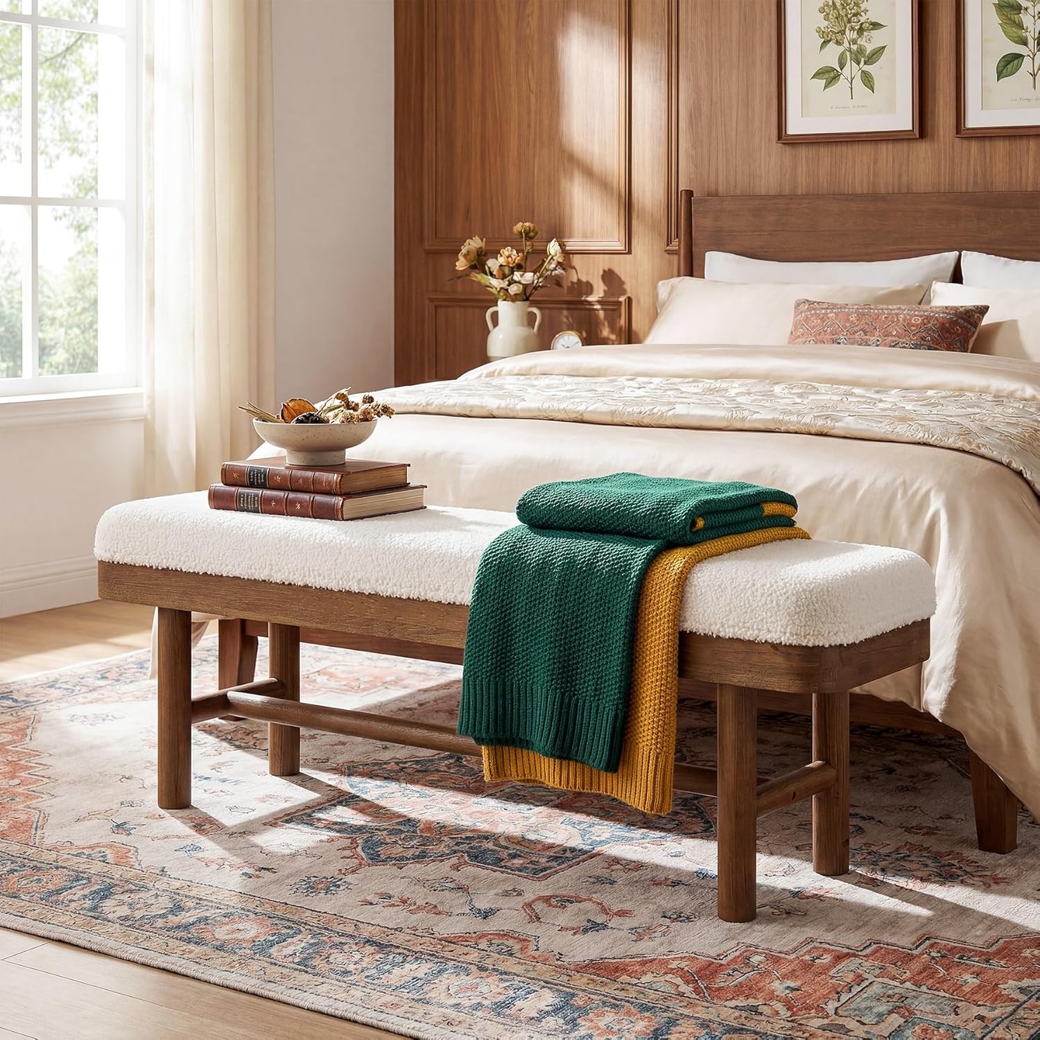 55 Inch Upholstered Bedroom Bench Solid Wood Indoor End of Bed Bench for Bedroom