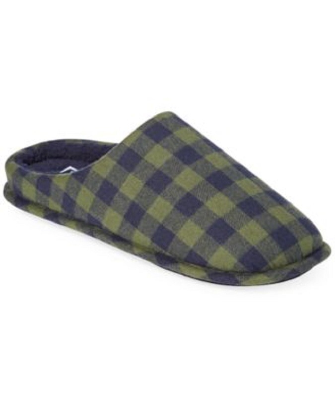 New Club Room Men's Check Fleece-Lined Slippers Indoor Outdoor Green Size S 6-7