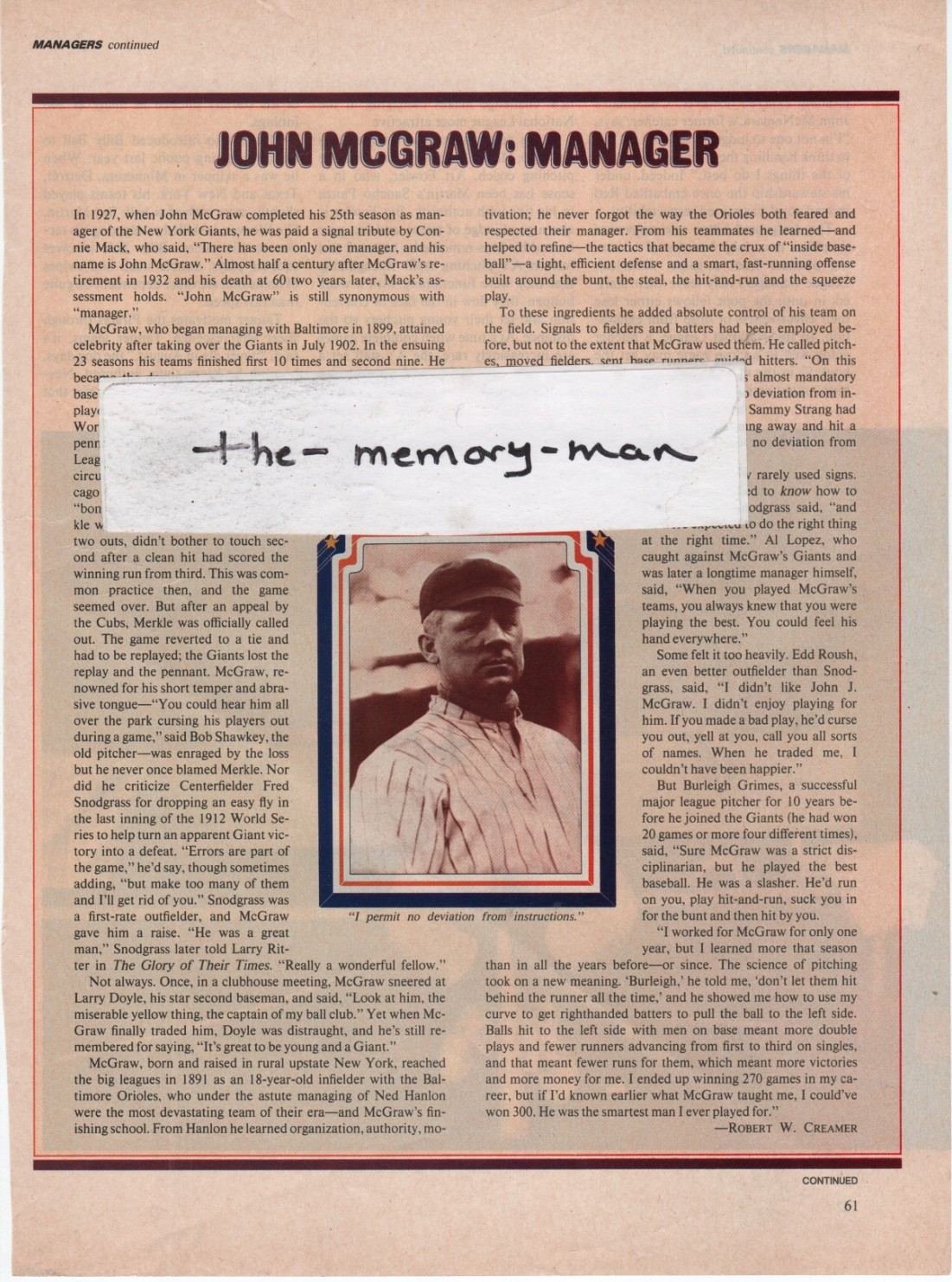 John McGraw New York Giants 1981 Picture Article Clipping Page Bill Virdon pic