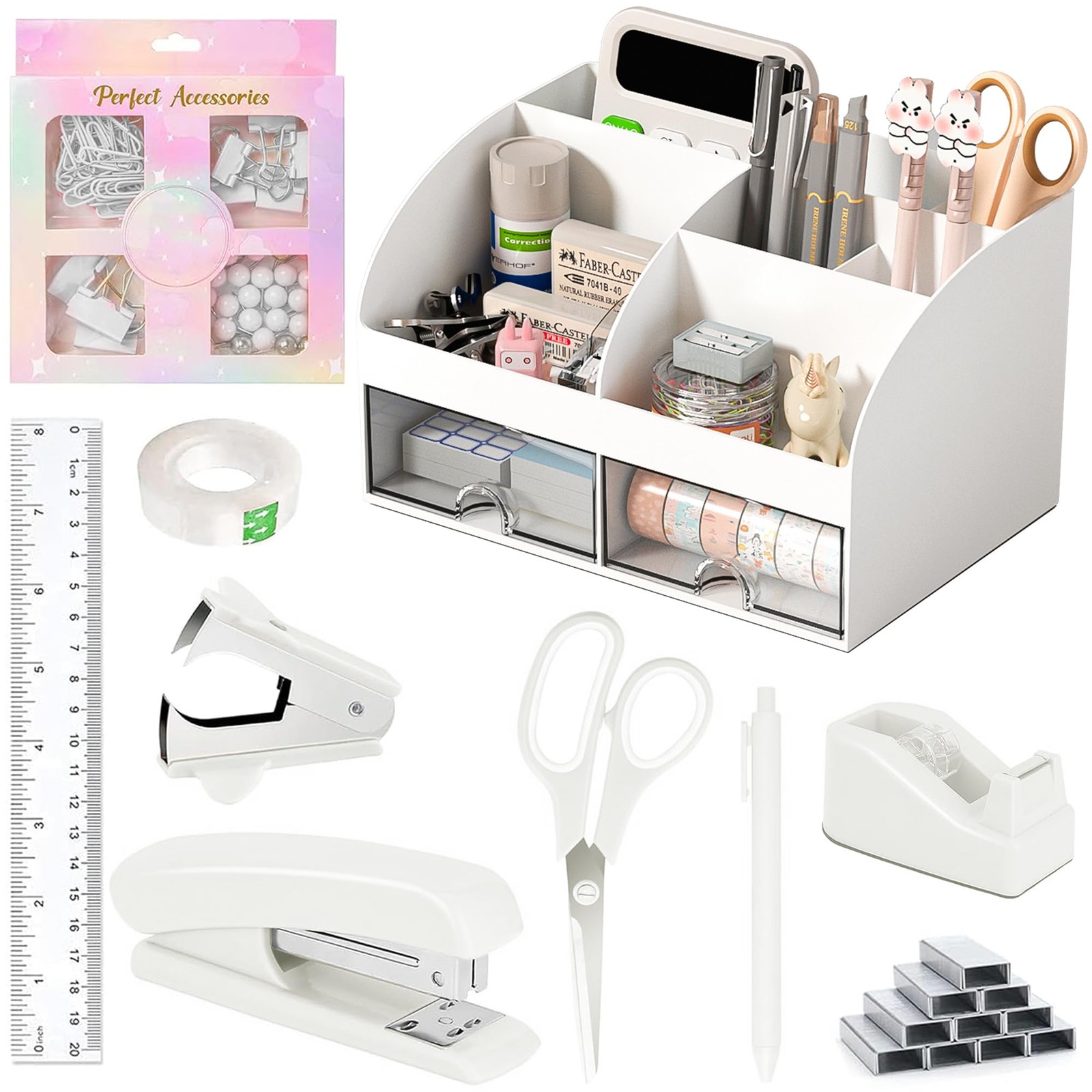 Desk with Pen Holder, Office Supplies Desk Organizers and , Tape Dispenser, S...