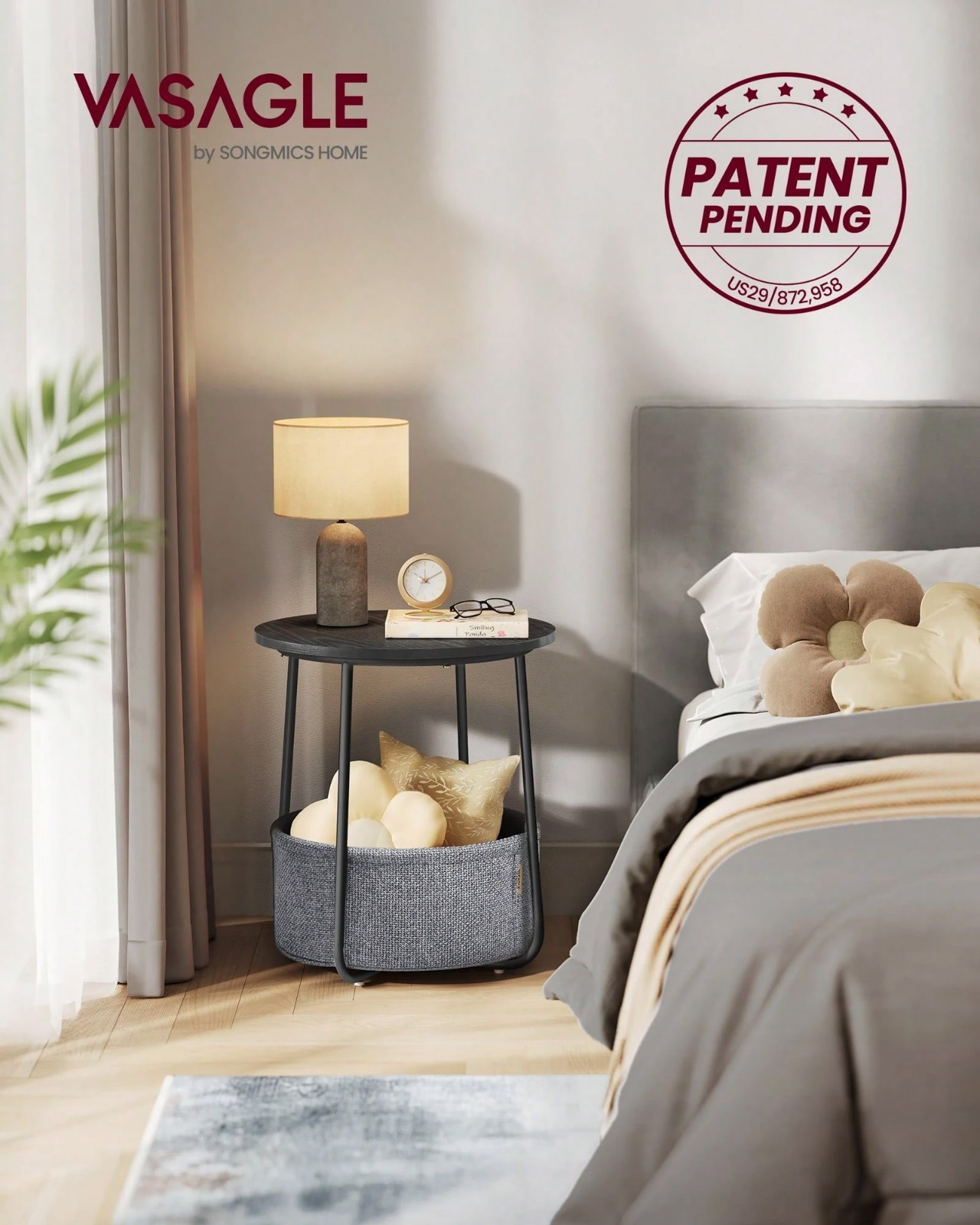 Round Side Table With Fabric Basket Small Bedside Nightstand Storage