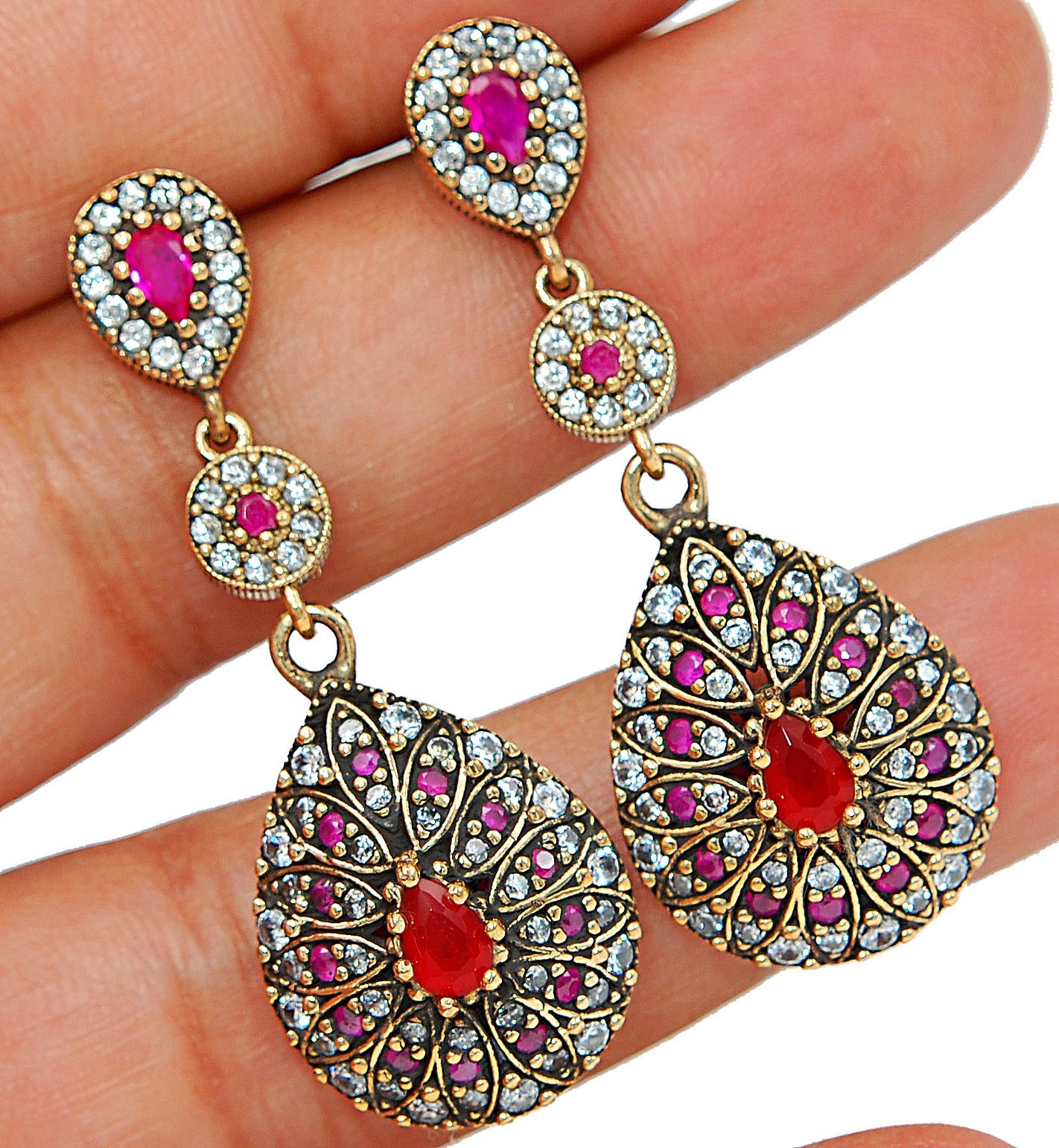 Ottoman Empire Style 8CT Treated Ruby 925 Sterling Silver Earrings TB1488