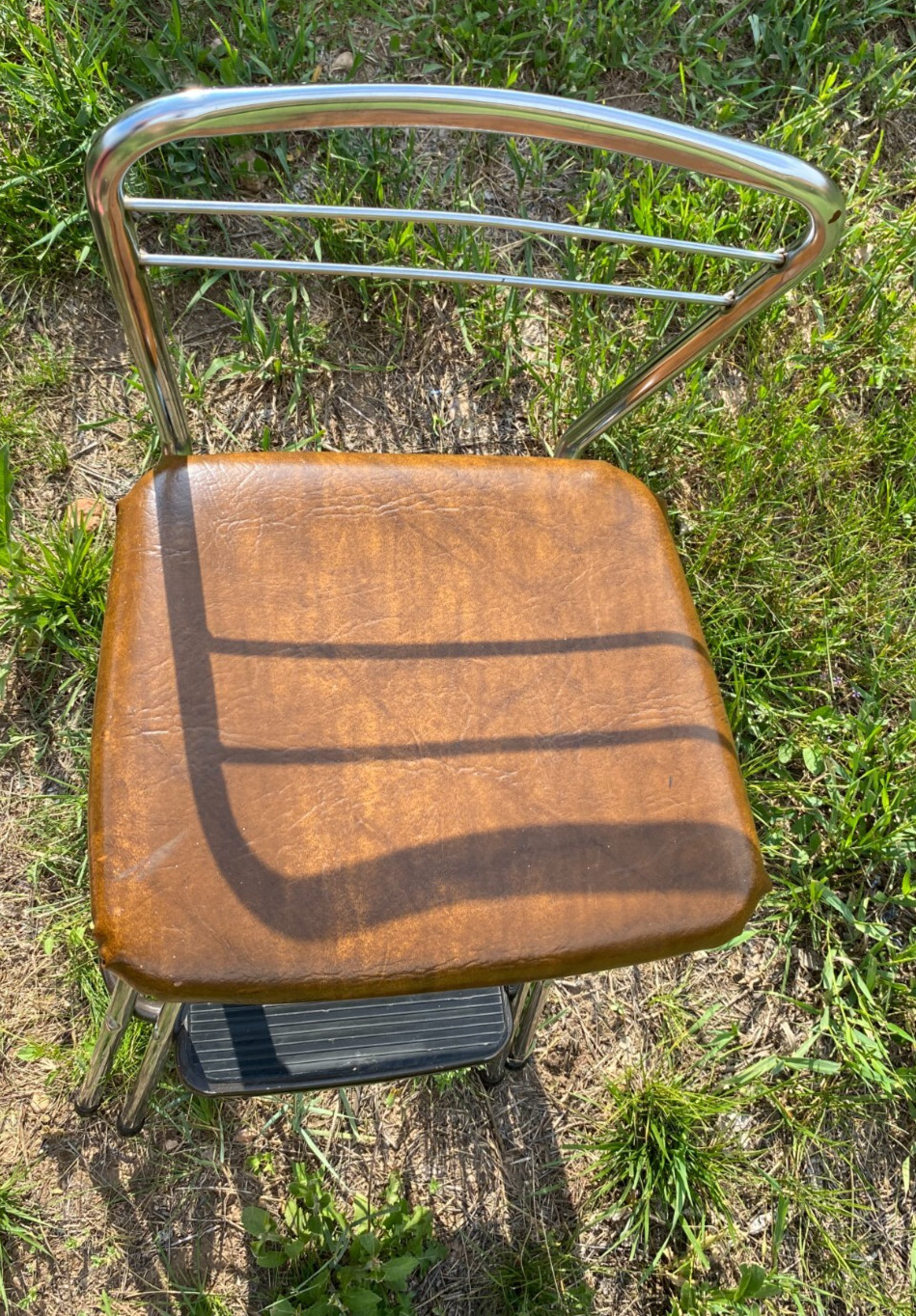 Vintage Cosco Chrome Kitchen 2 Step Stool Brown Seat 32 Inches Tall