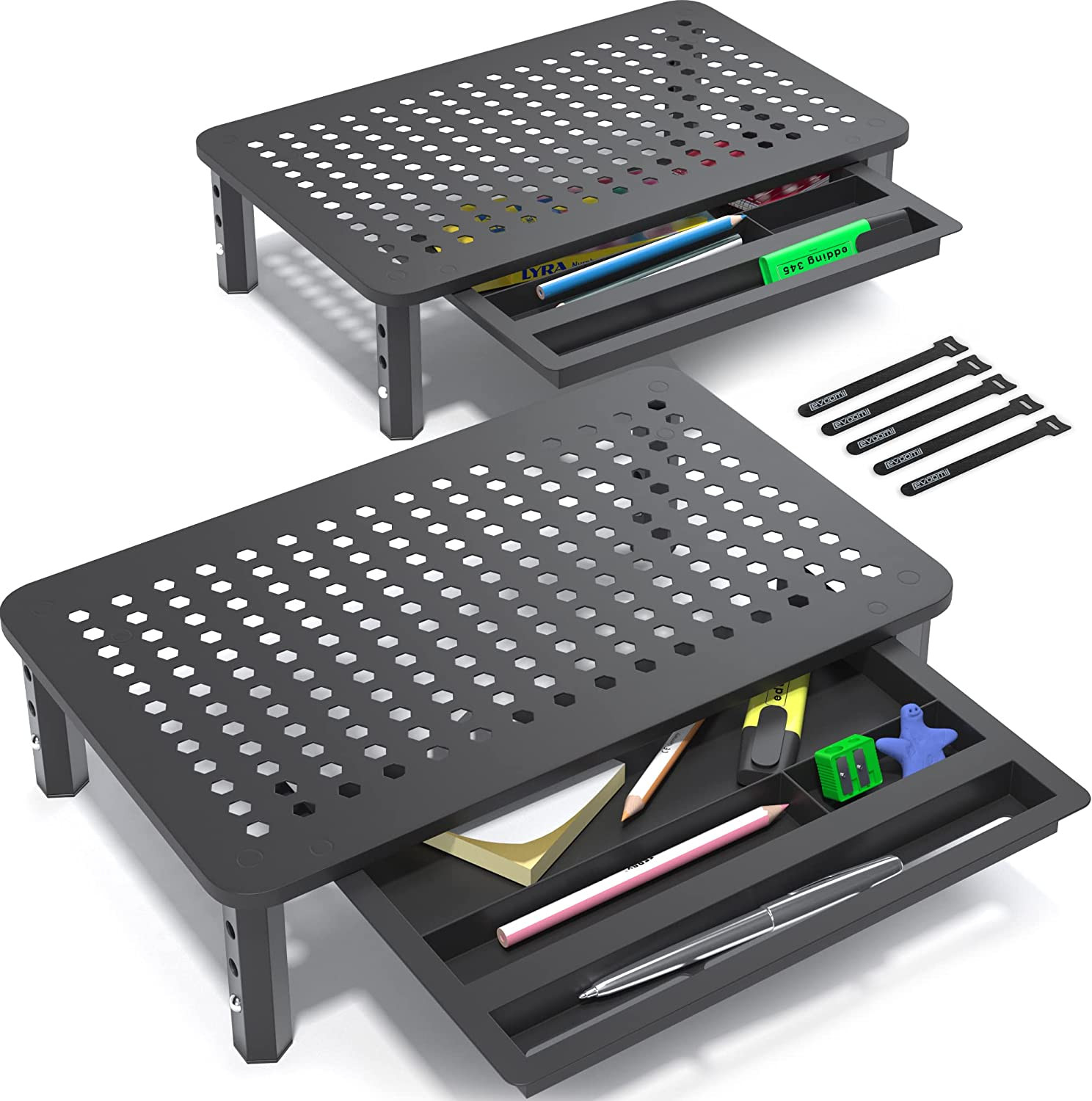 Back Saver Monitor Stand for Desk - 2 Pack Monitor Riser with Drawer - Gain 5 We