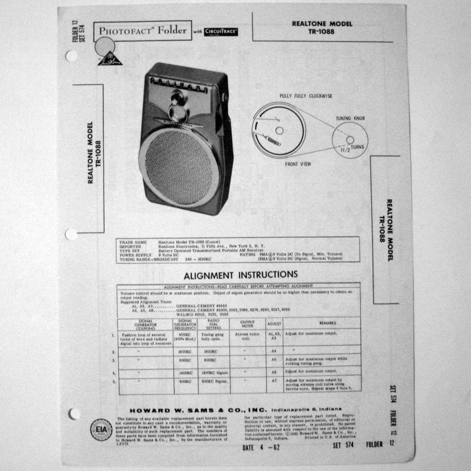 Realtone Model TR-1088 Portable Transistor Radio SAMS Photofact ™ 1962 - New