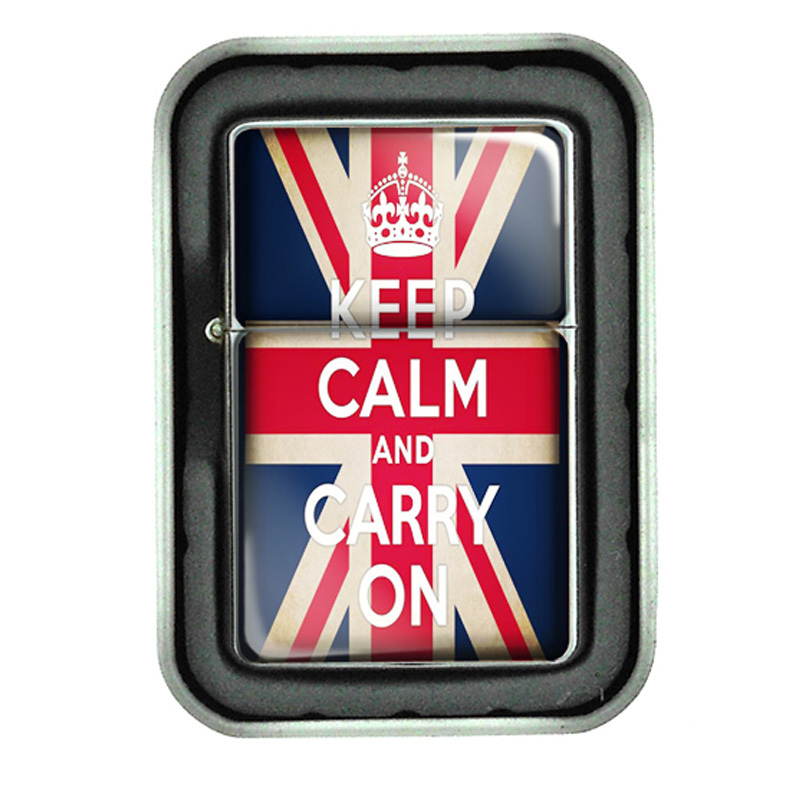 Windproof Refillable Oil Lighter Gift Box keep Calm and Carry On UK Flag D-010