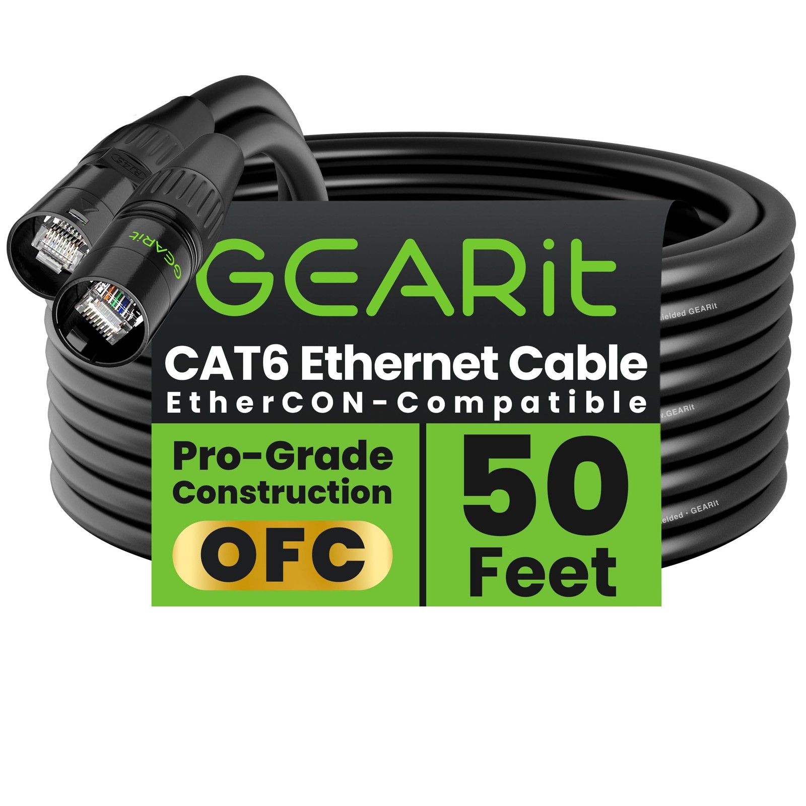 GEARit Shielded CAT6 Ethercon Cable (50 Feet) Professional 50 Feet, Black