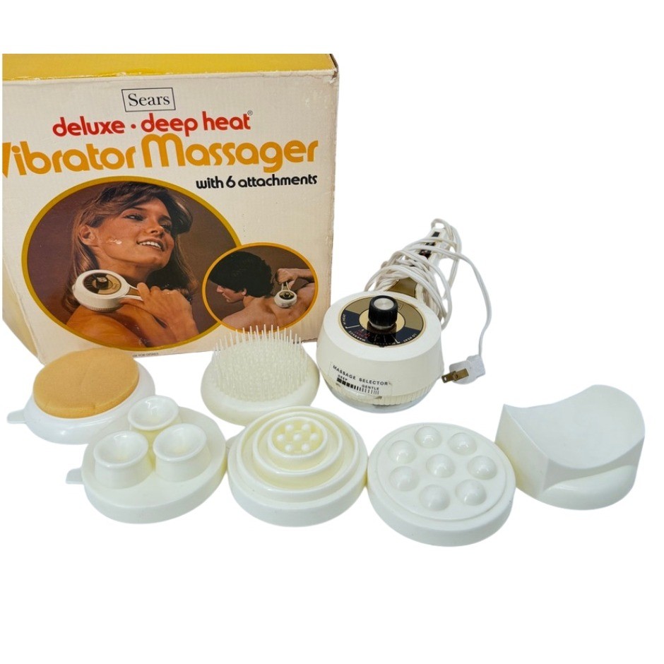 Sears Deluxe Deep Heat Vibrator Massager VTG Handheld 6 Attachments Plastic