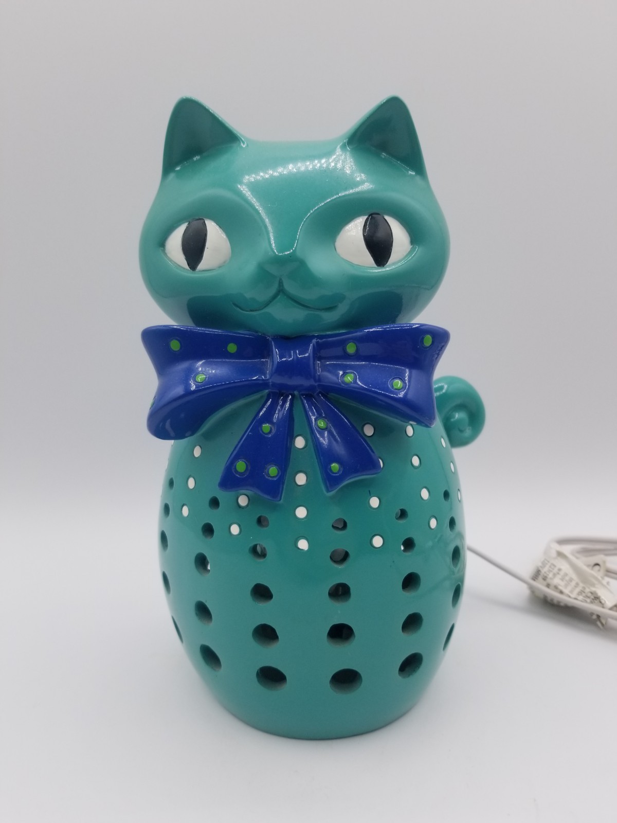 Art Deco Novelty Teal Kitty Cat Cut-Out Night Light Lamp w/ Polka Dot Bow Tie