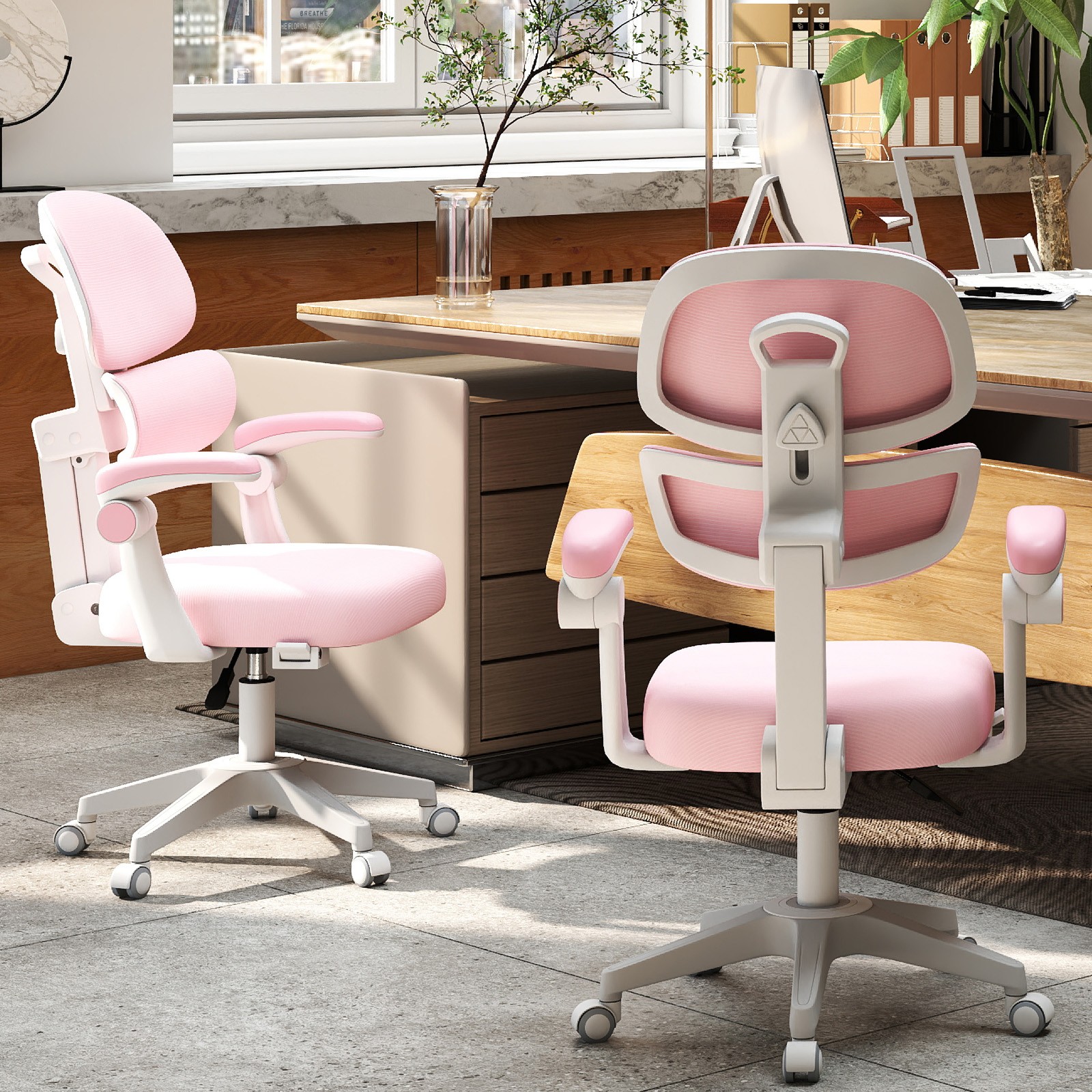Pink/Gray Kids Study Computer Chairs Back-Following, Sit-Locking, 360° Casters