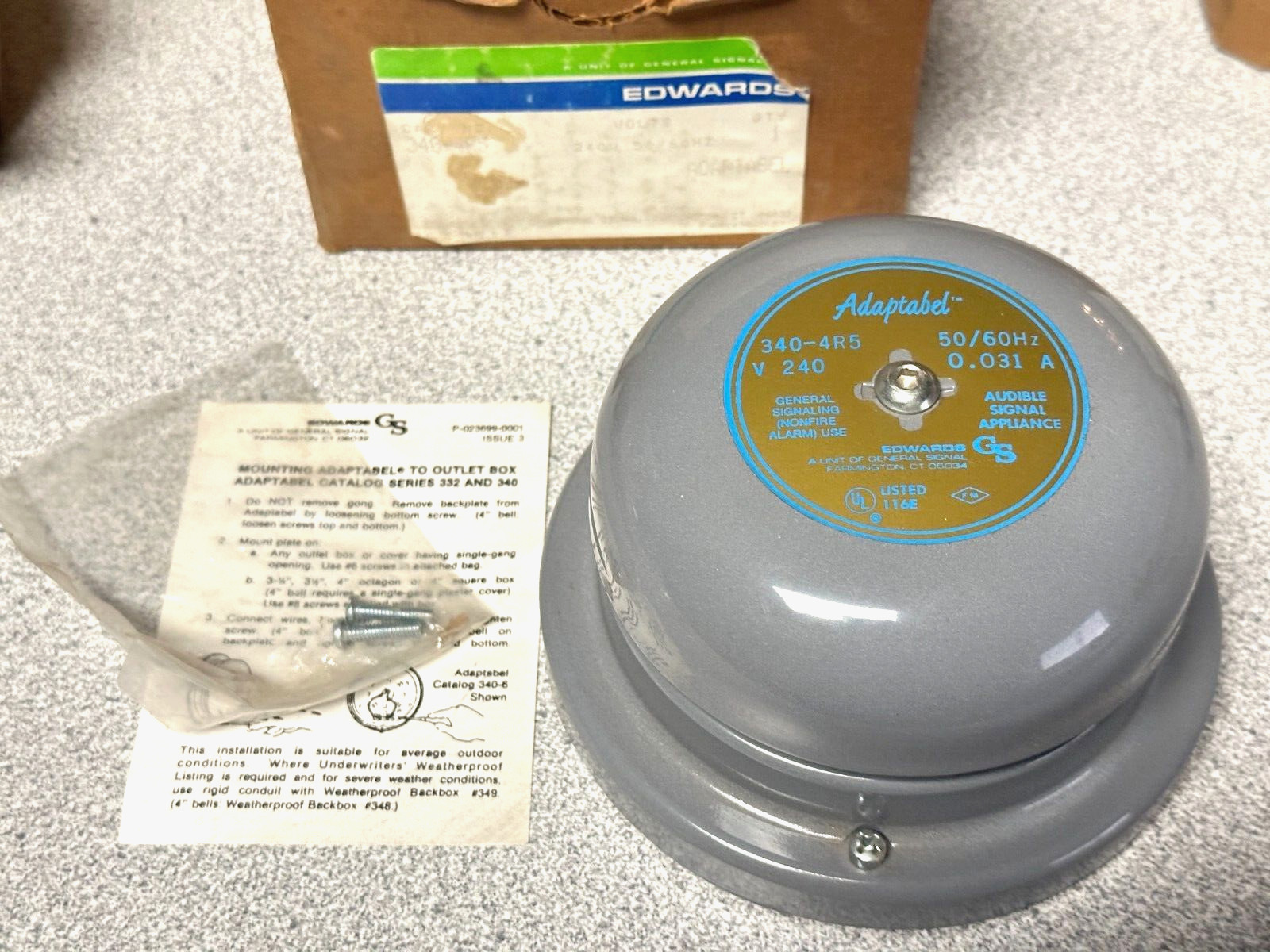 NEW IN BOX EDWARDS 340-4R5 ADAPTABEL 4" VIBRATING BELL 240V 50/60 HZ