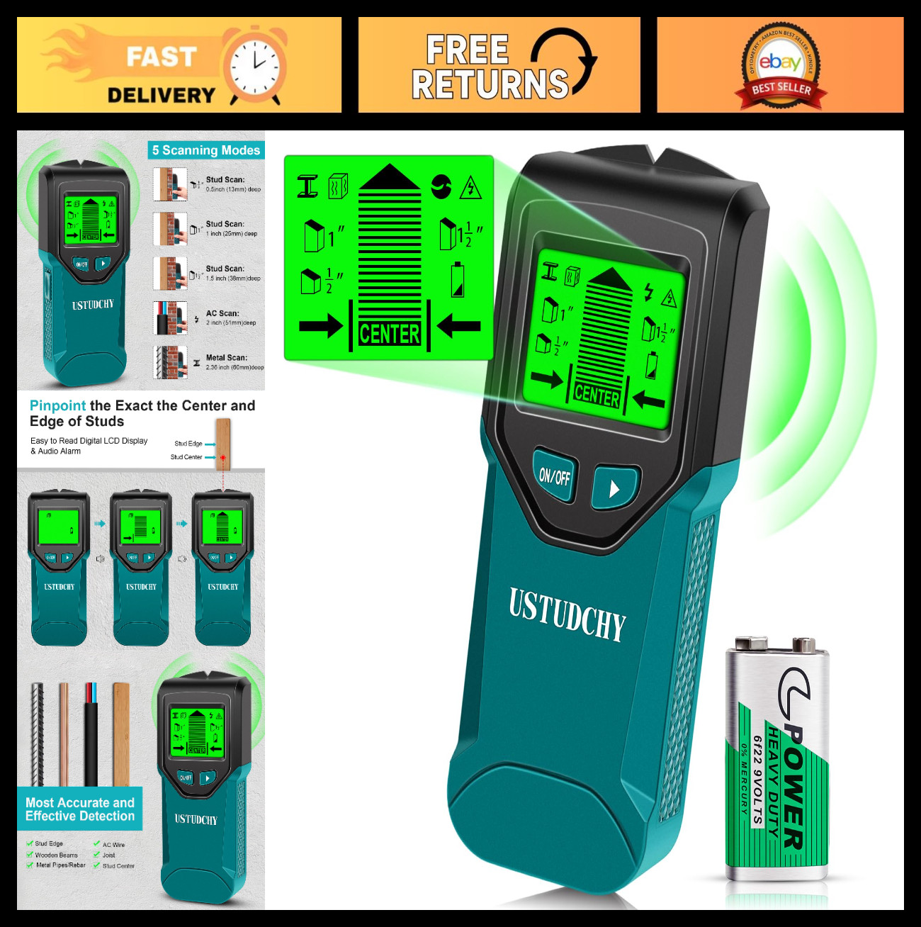 5-in-1 Electronic Stud Finder Wall Scanner - LCD Display, Smart Chip, Detects Wo