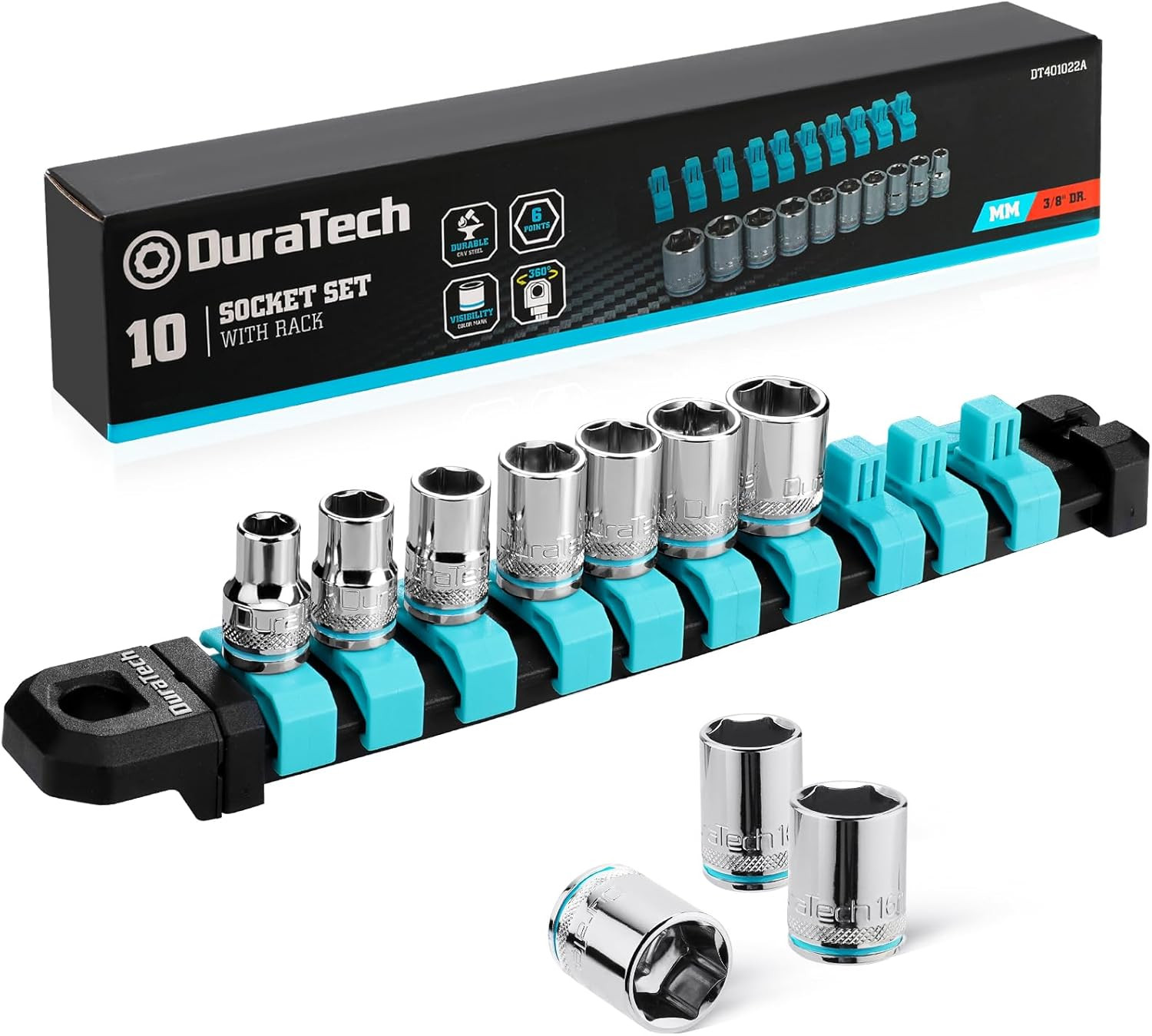 10 PCS 3/8" Drive Metric Socket Set with Storage Rack 6 Point Shallow Socket Set