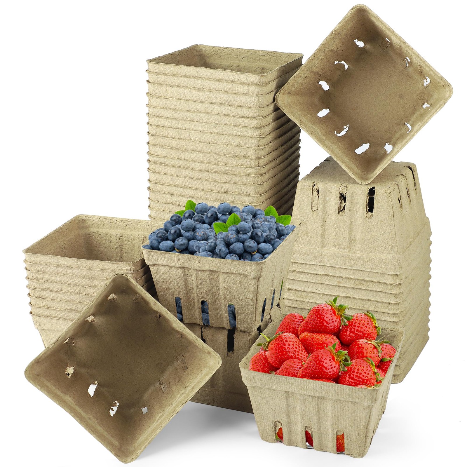 50 Pack Natural Pulp Fiber Berry Basket Molded Produce Vented Container Box