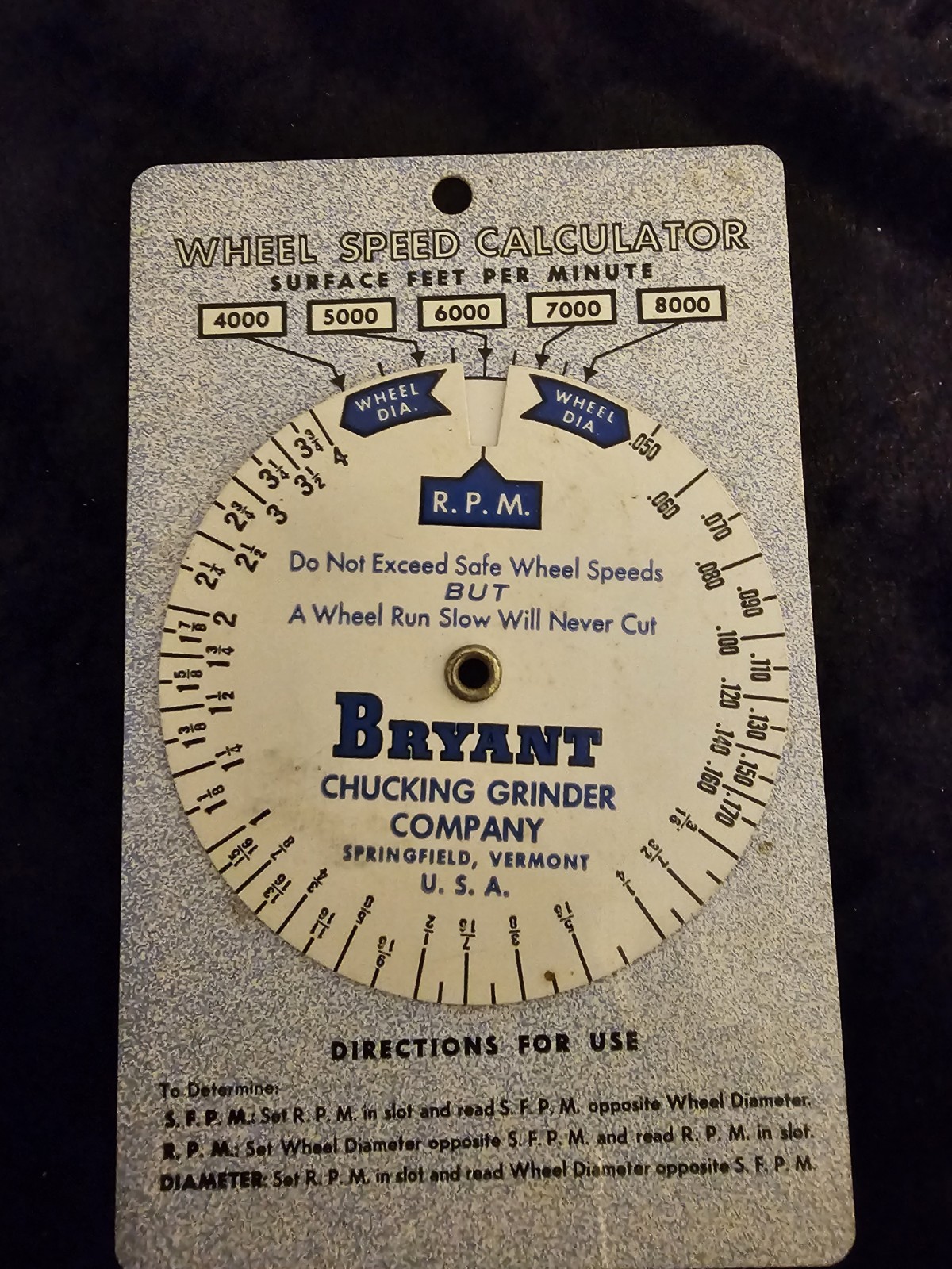 Vintage Bryant Chucking Grinder Company wheel speed calculator, Plastic