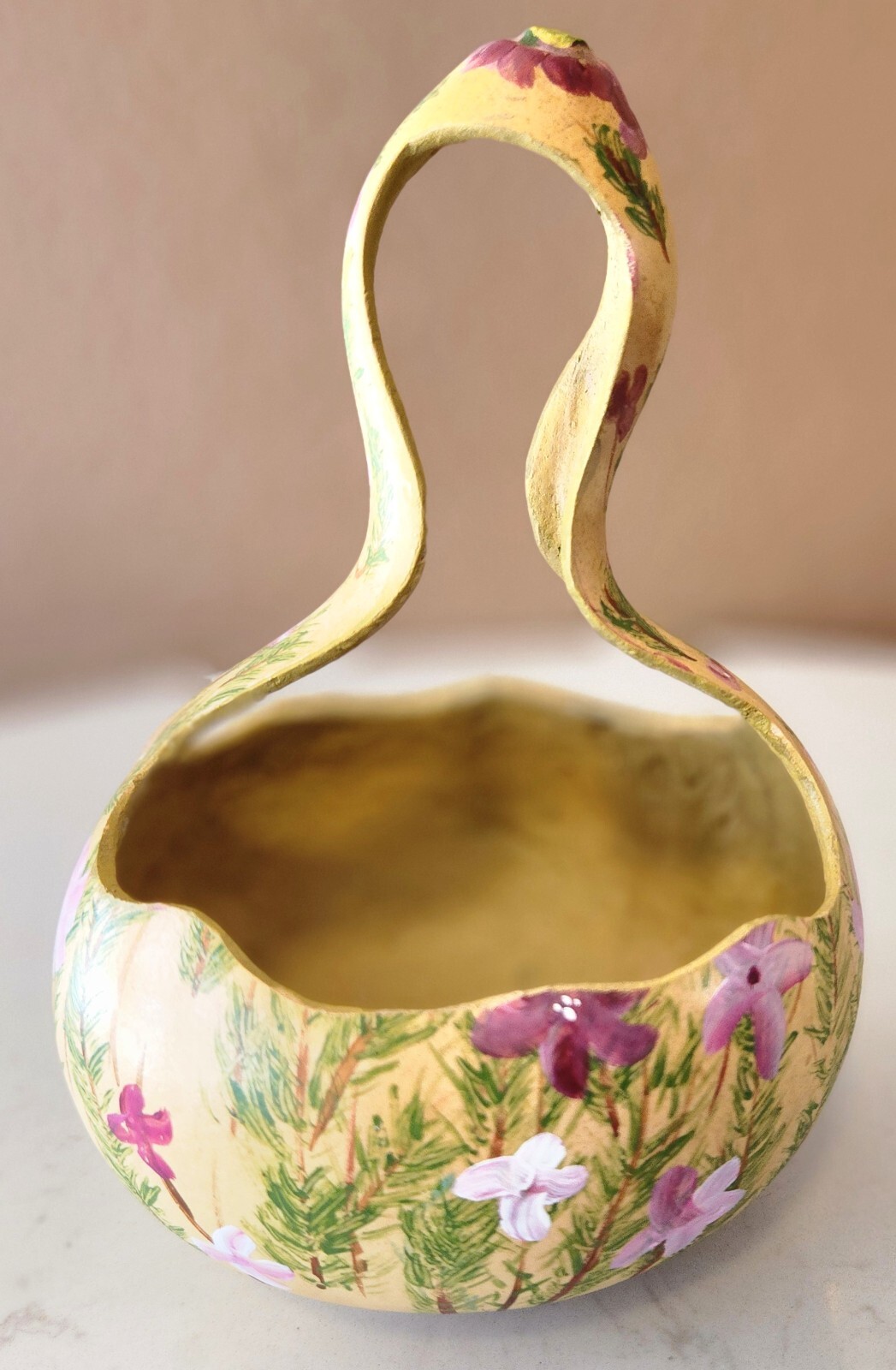 Basket Gourd Hand-Painted Floral Cottage Boho Garden Fairy