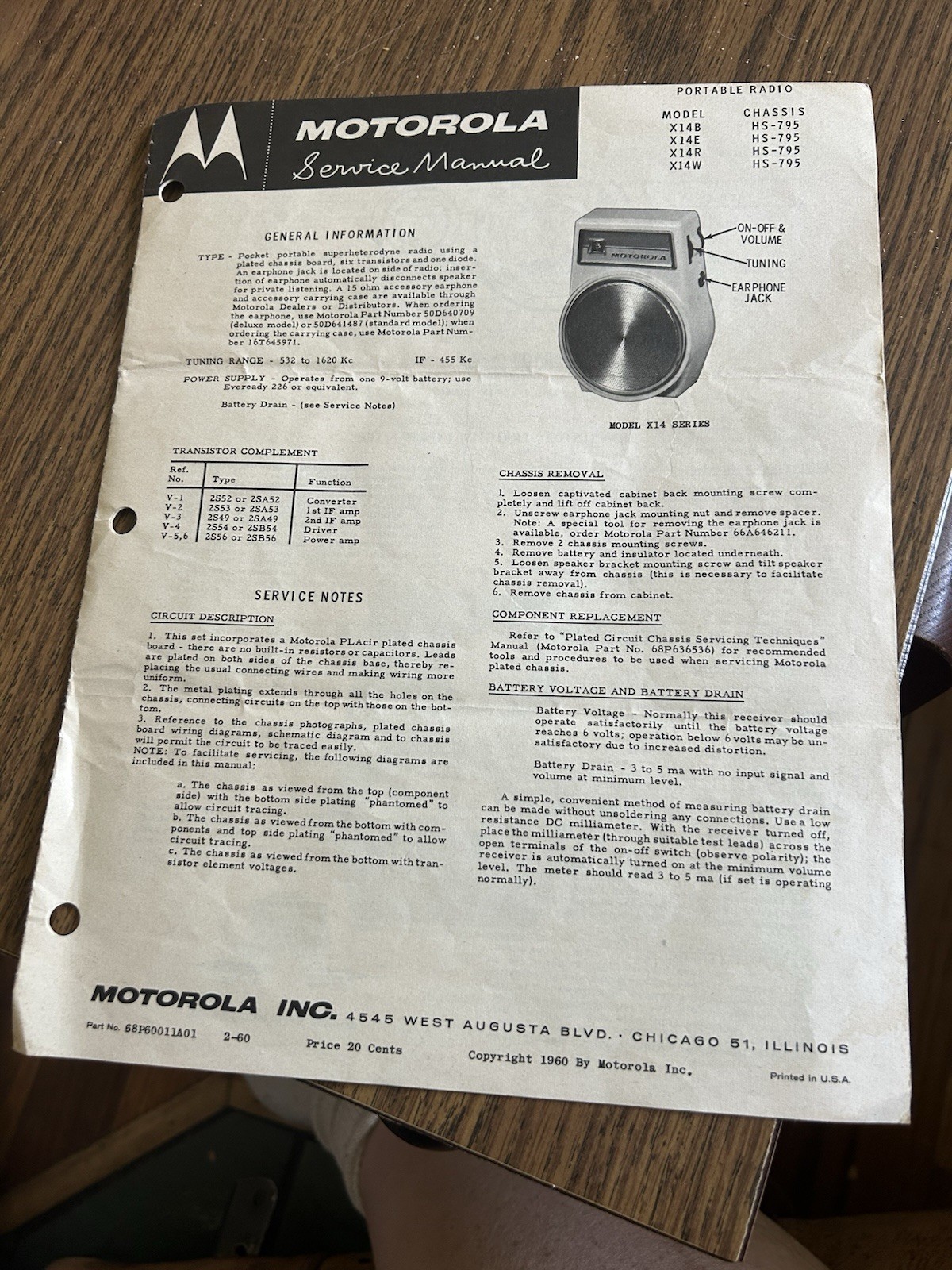 1960 MOTOROLA X14 Radio Service Manual- Estate Piece