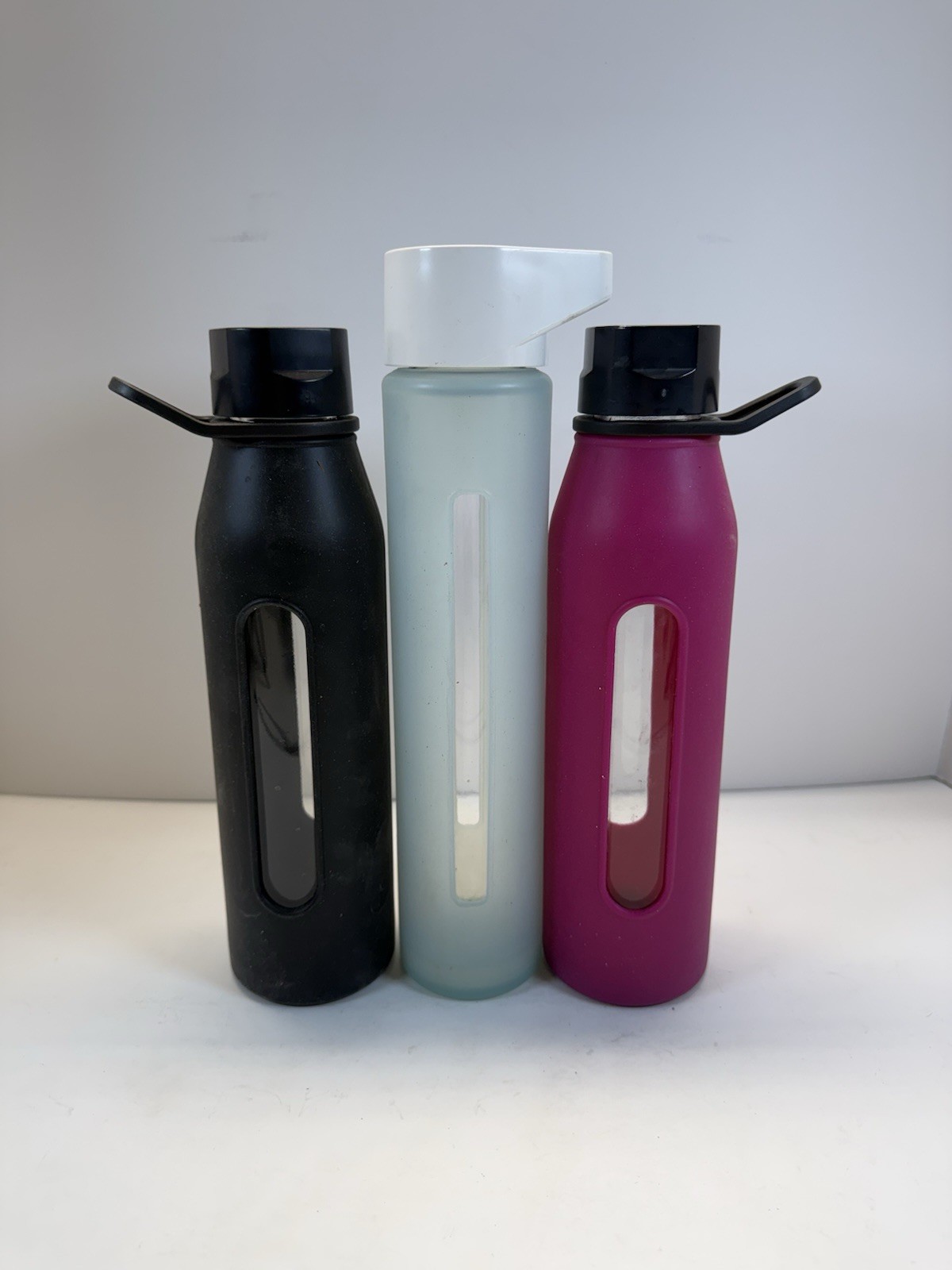 Lot Of 3 Takeya Glass Water Bottle Black Teal Pink Silicone Sleeve Twist Cap