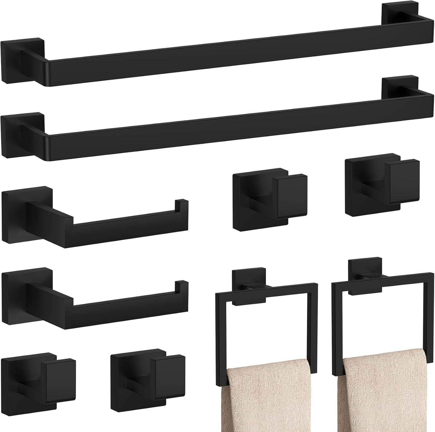 10-Pieces Matte Black Bathroom Accessories Set, 23.6 Inch Bath Towel Bar Set, SU