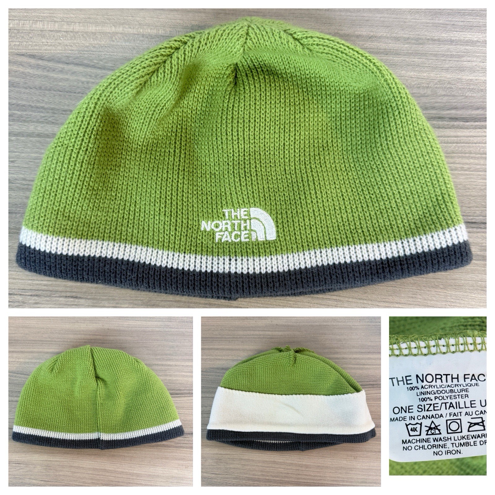 The North Face Youth Ski Hat Beanie Unisex One Size Gray Tan Green Fleece Lined