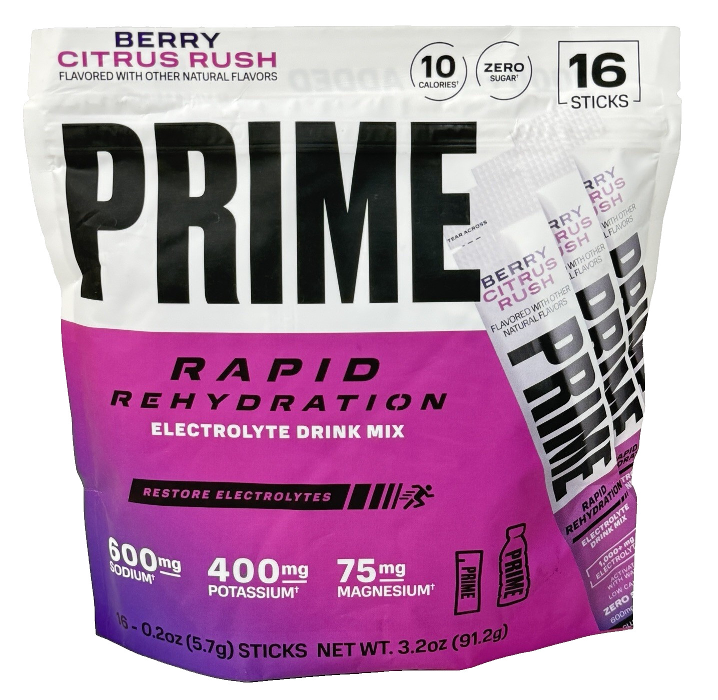 PRIME Electrolyte Hydration Powder Mix 16 Sticks Caffeine-Free Berry Citrus Rush